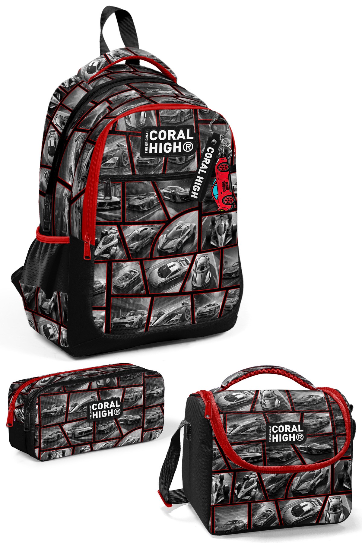 Coral High Kids Siyah Kırmızı Araba Desenli 3’lü Okul Çanta Seti SET0114429