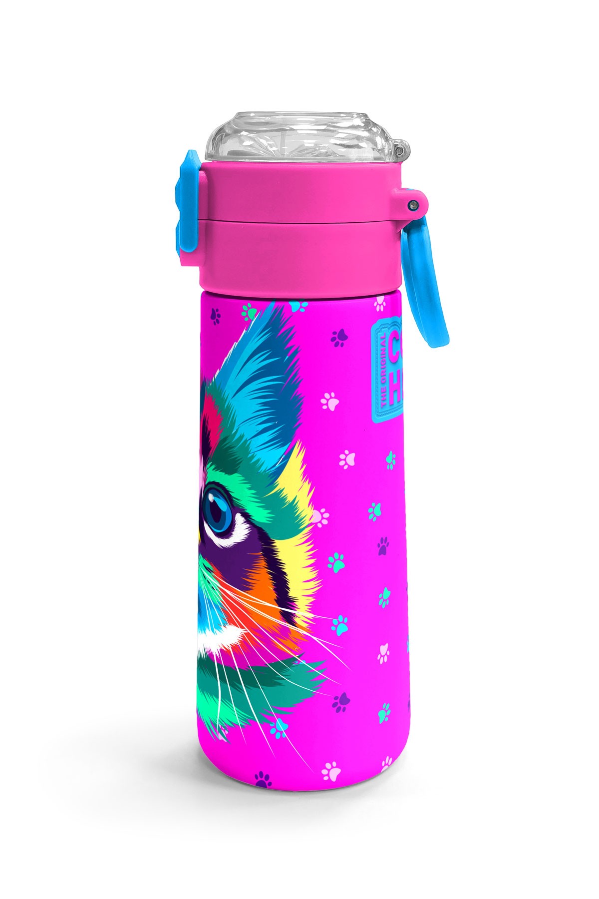 Coral High Kids Mor Pembe Kedi Desenli Pipetli ve Direkt İçim Çelik Termos 500 ml 31800