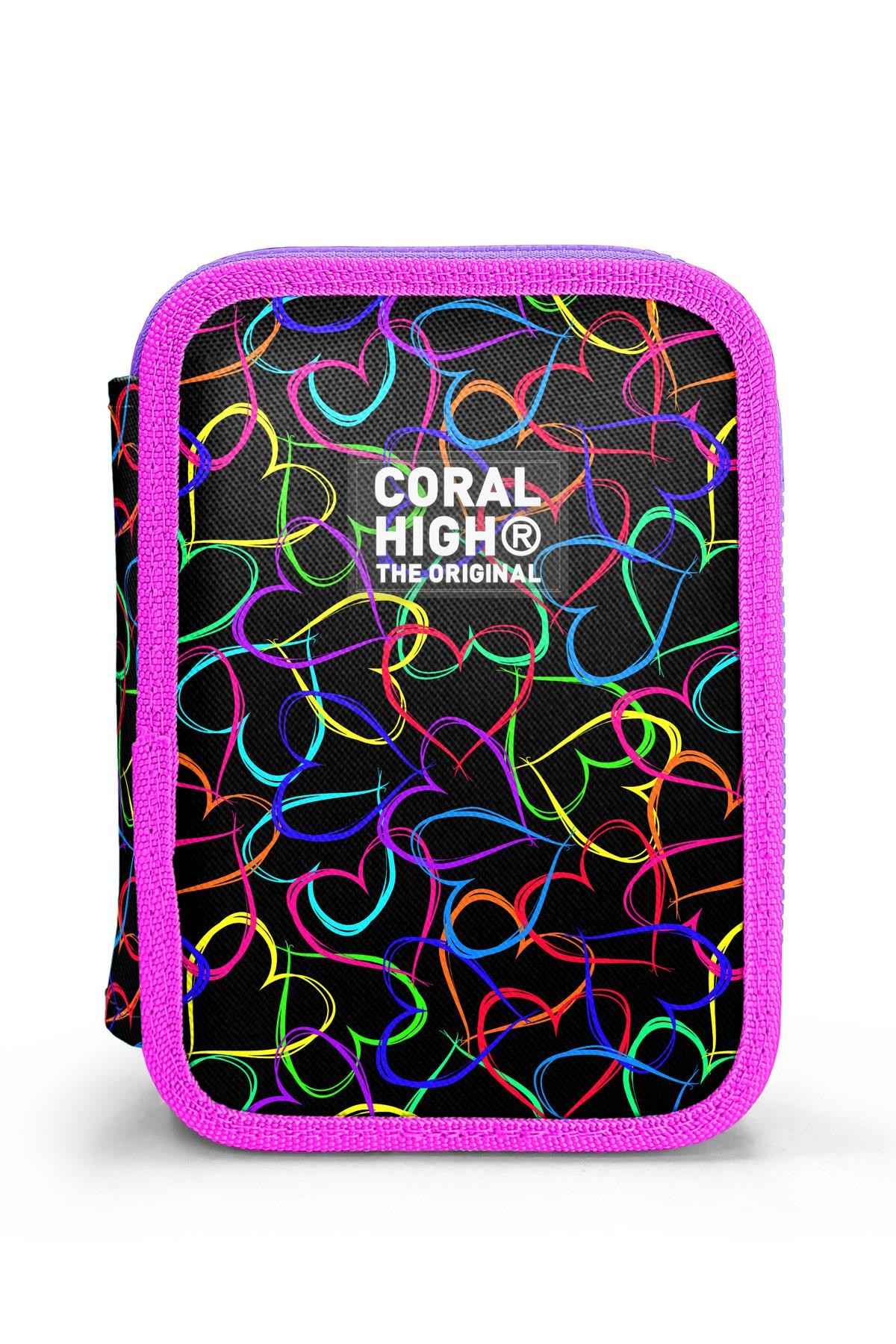 Coral High Kids Çok Renkli Kalp Desenli Çift Katlı Kalem Çanta 11145