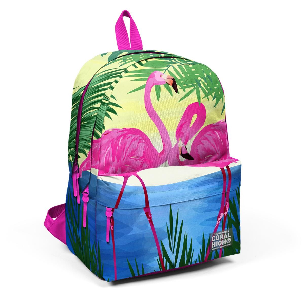 Coral High Pembe Flamingo Desenli Üç Bölmeli USB Şarjlı Kulaklık Çıkışlı Sırt Çantası 23424