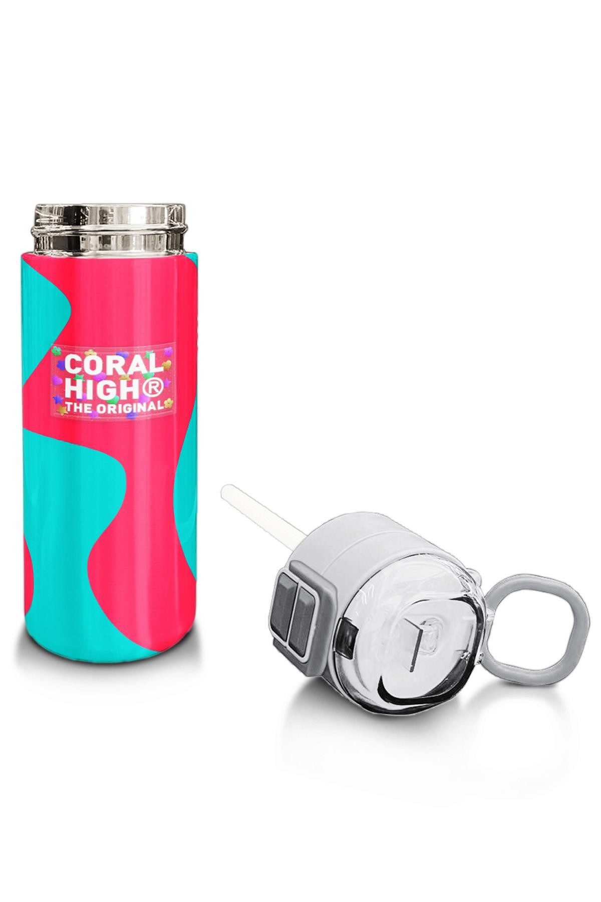 Coral High Kids Neon Mercan Turkuaz Desenli Pipetli ve Direkt İçim Çelik Termos 500 ml 31885