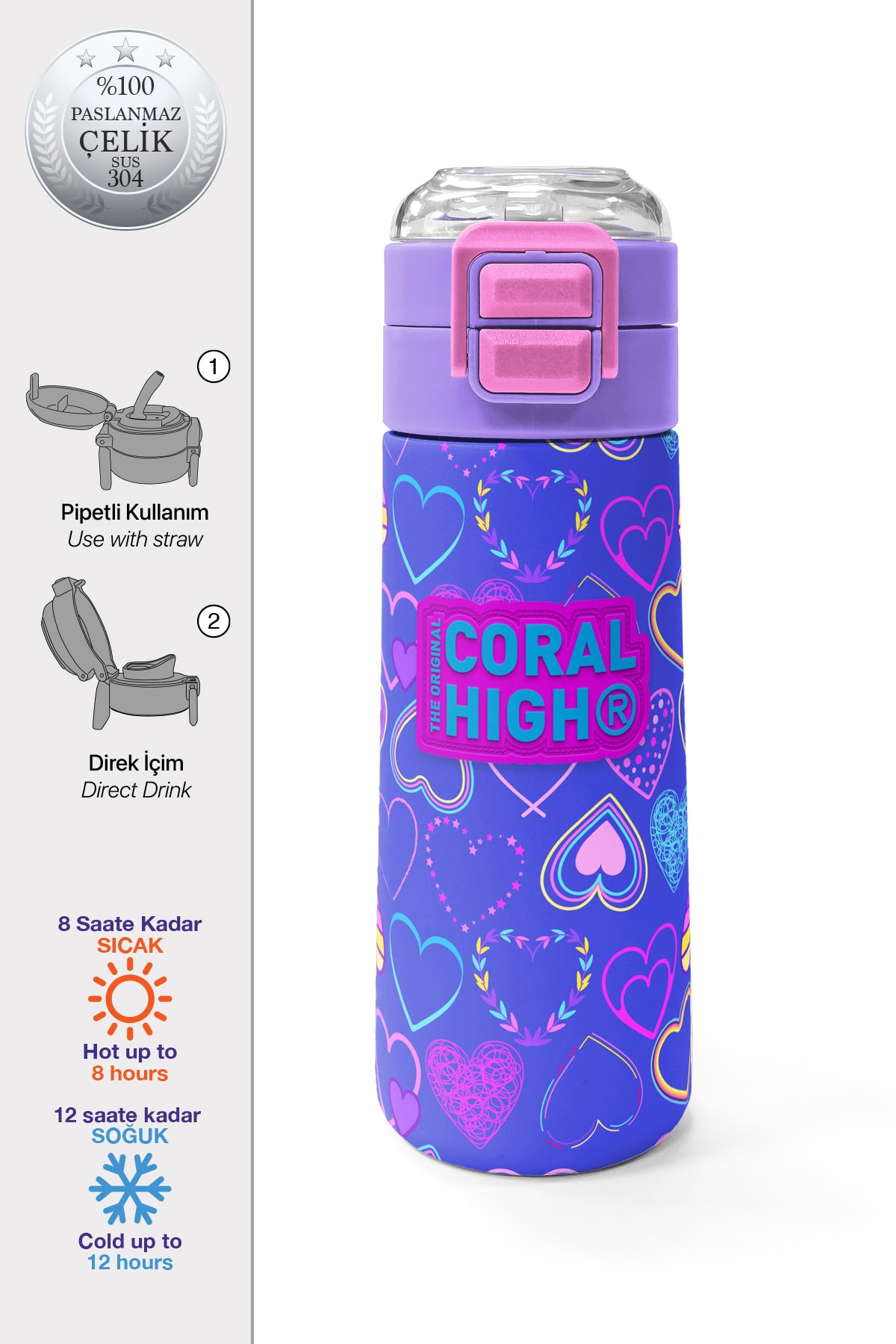 Coral High Kids Açık Pembe Lavanta Kalp Desenli Pipetli ve Direkt İçim Çelik Termos 500 ml 31977