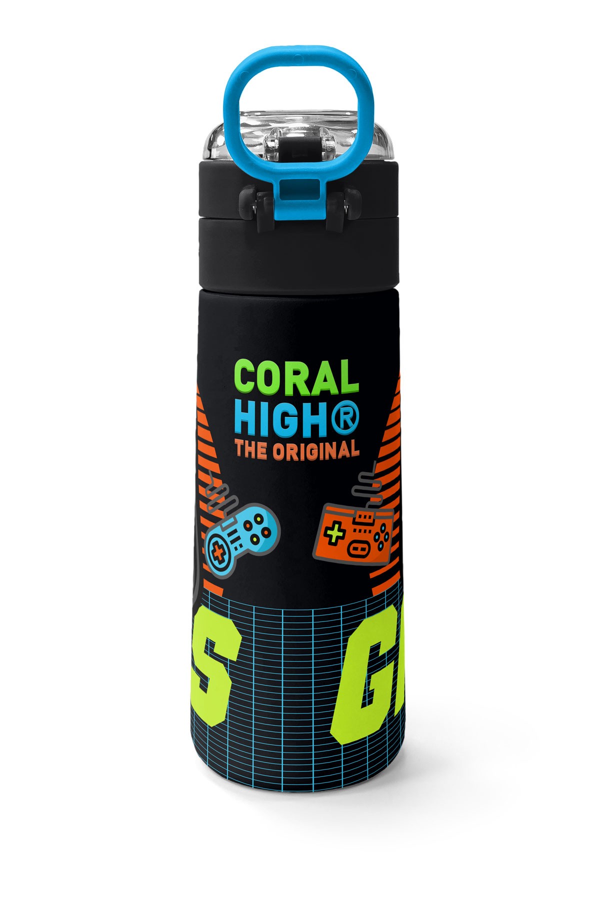 Coral High Kids Gri Turuncu Gamer Desenli Pipetli ve Direkt İçim Çelik Termos 500 ml 31947