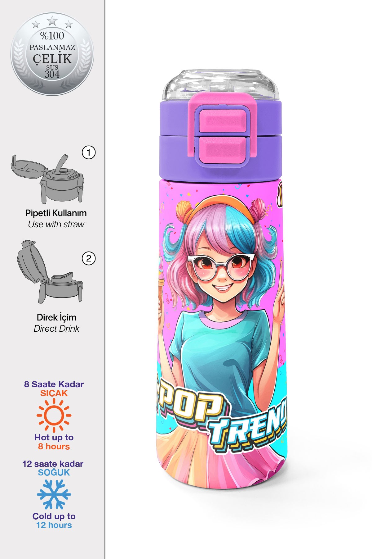 Coral High Kids Pembe Turkuaz K-Pop Desenli Pipetli ve Direkt İçim Çelik Termos 500 ml 31865