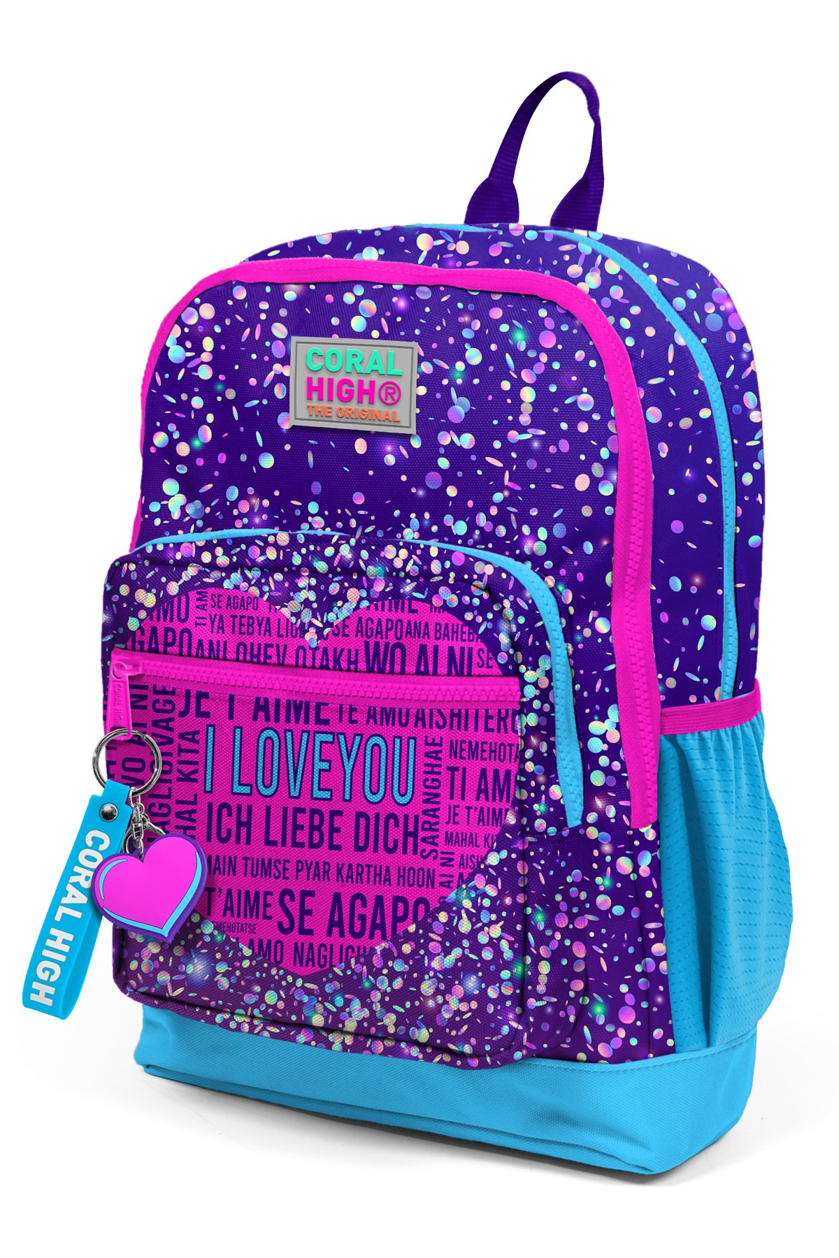 Coral High Kids Mor Mavi Pembe Kalp Desenli Dört Bölmeli Okul Sırt Çantası 23740