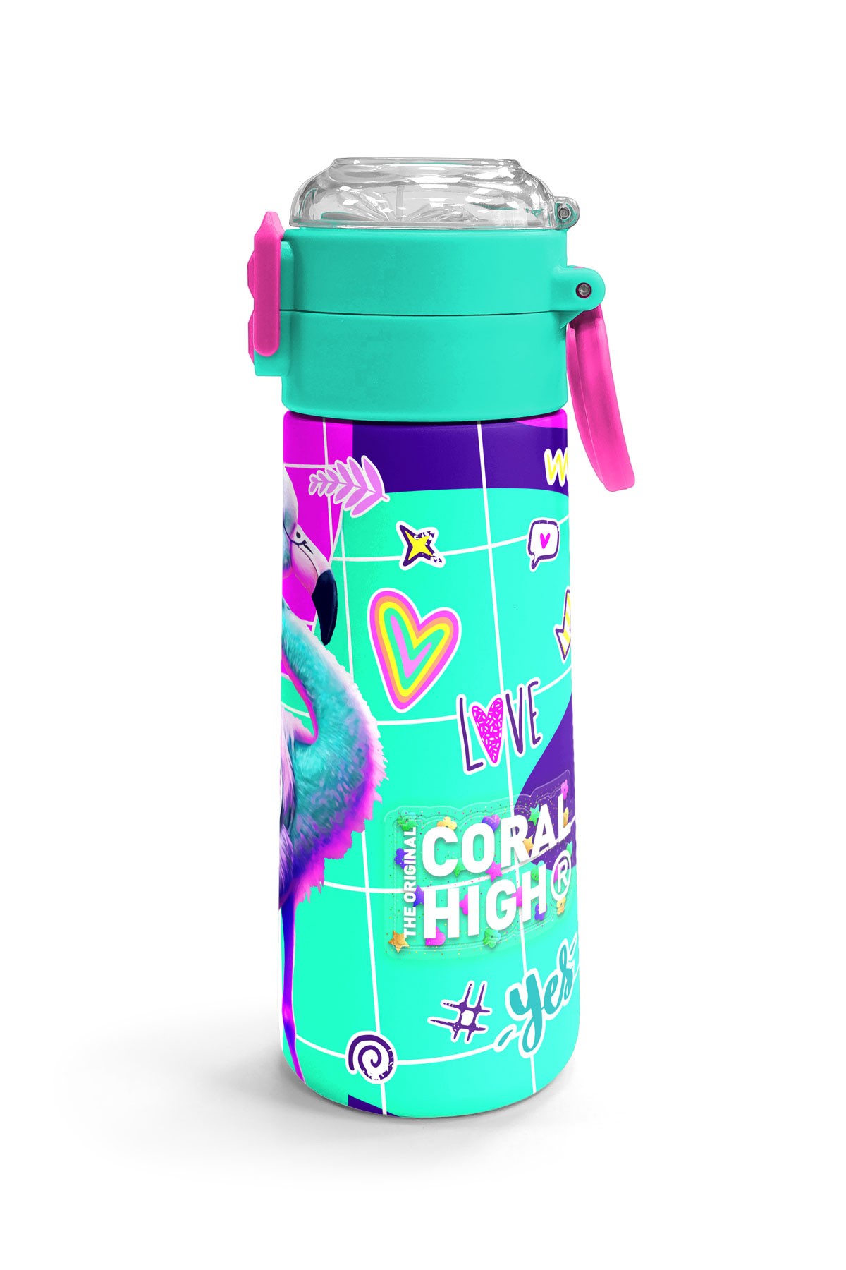 Coral High Kids Pembe Su Yeşili Flamingo Desenli Pipetli ve Direkt İçim Çelik Termos 500 ml 31811