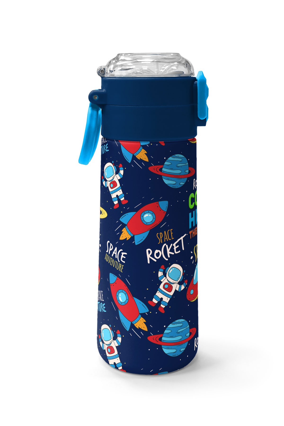 Coral High Kids Lacivert Mavi Uzay Desenli Pipetli ve Direkt İçim Çelik Termos 500 ml 31917