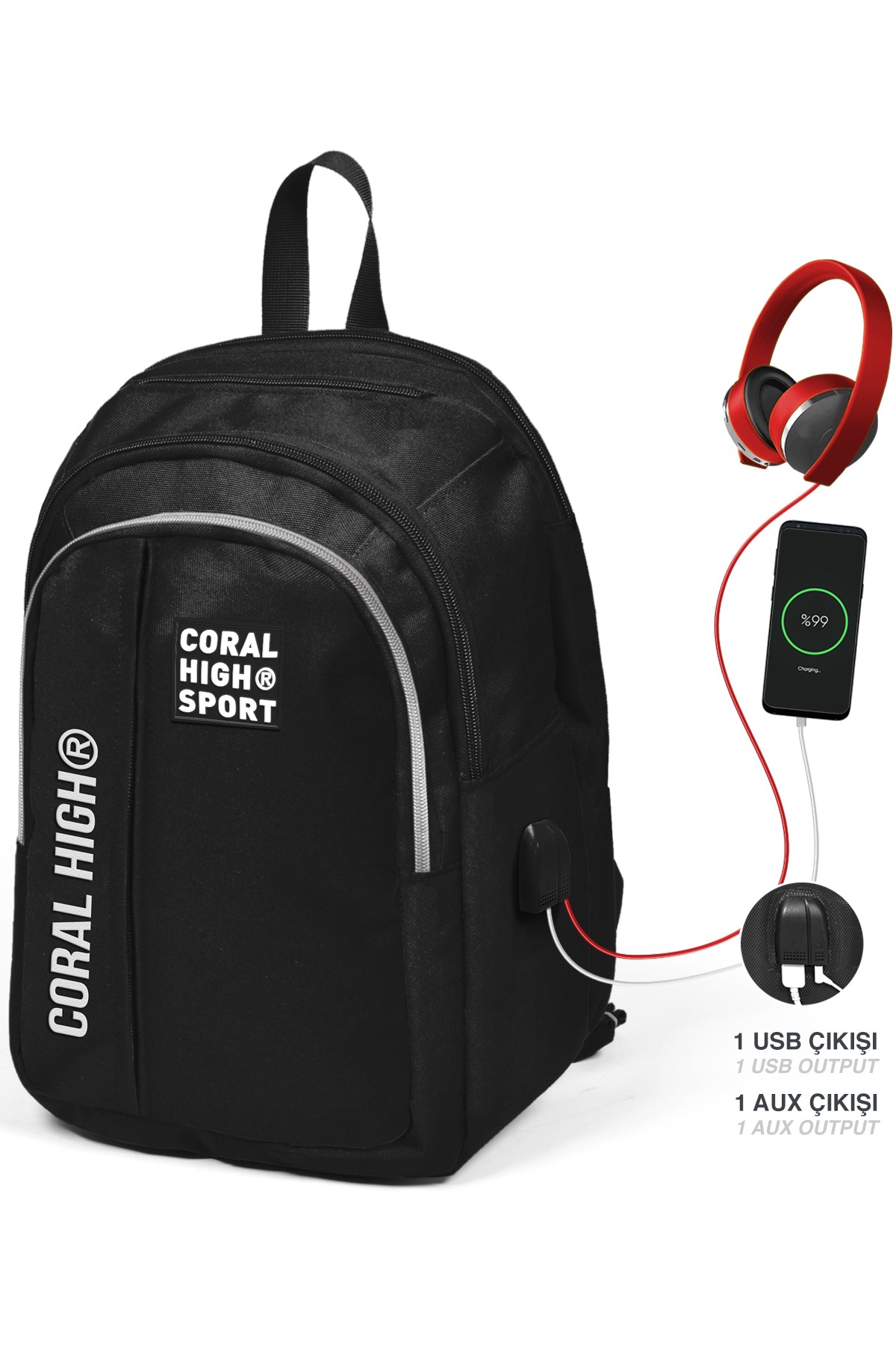 Coral High Sport Siyah Beş Bölmeli USB Şarjlı Kulaklık Çıkışlı Sırt Çantası 23241