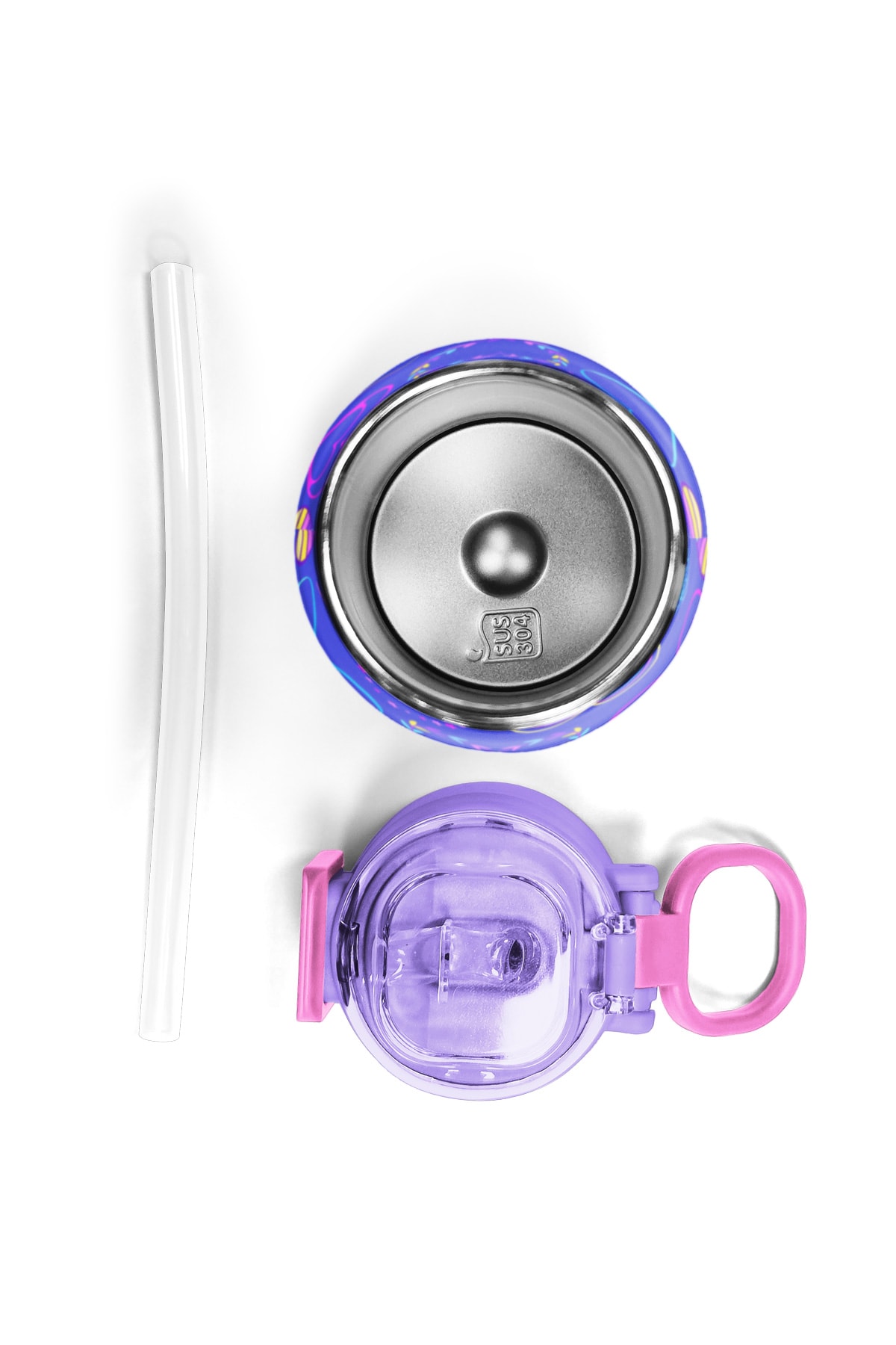 Coral High Kids Açık Pembe Lavanta Kalp Desenli Pipetli ve Direkt İçim Çelik Termos 500 ml 31977
