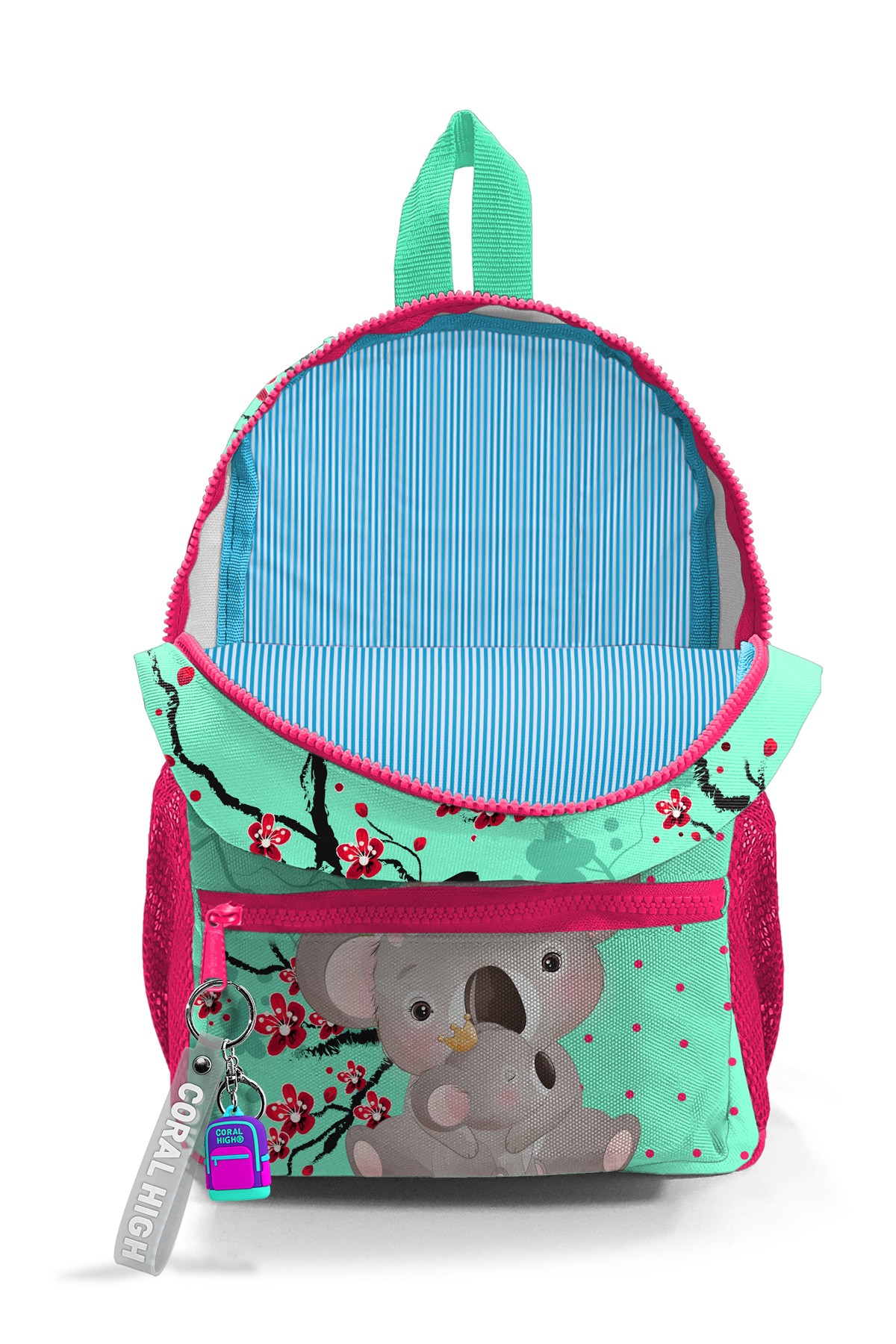 Minik Yuva Sırt Çantası Su Yeşili Neon Mercan Koala Desenli  İki Bölmeli  23513