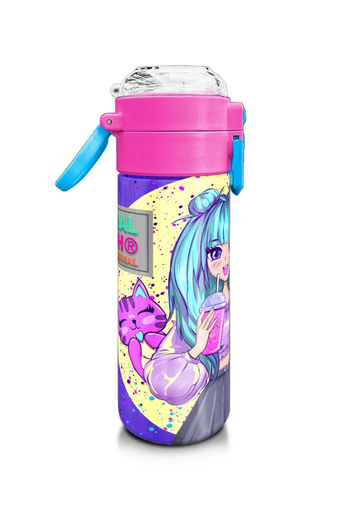 Coral High Kids Mor Pembe Anime Kız Desenli Pipetli ve Direkt İçim Çelik Termos 500 ml 31942