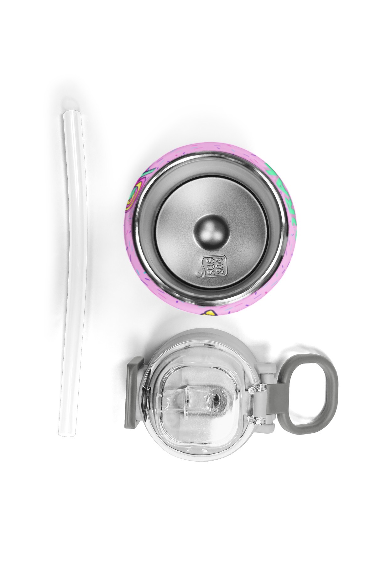 Coral High Kids Pembe Mor Milkshake Dondurma Desenli Pipetli ve Direkt İçim Çelik Termos 500 ml 31950