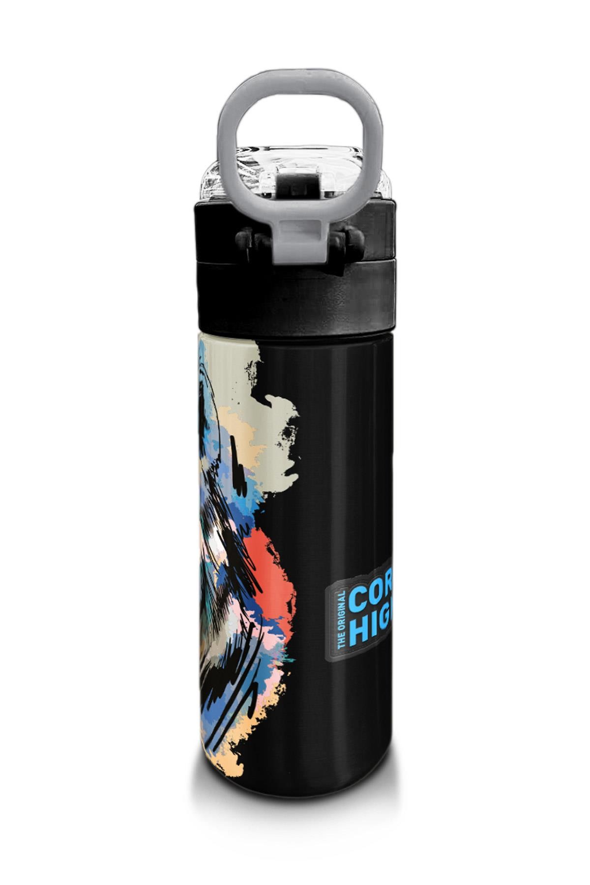 Coral High Kids Gri Siyah Kurt Desenli Pipetli ve Direkt İçim Çelik Termos 500 ml 31832