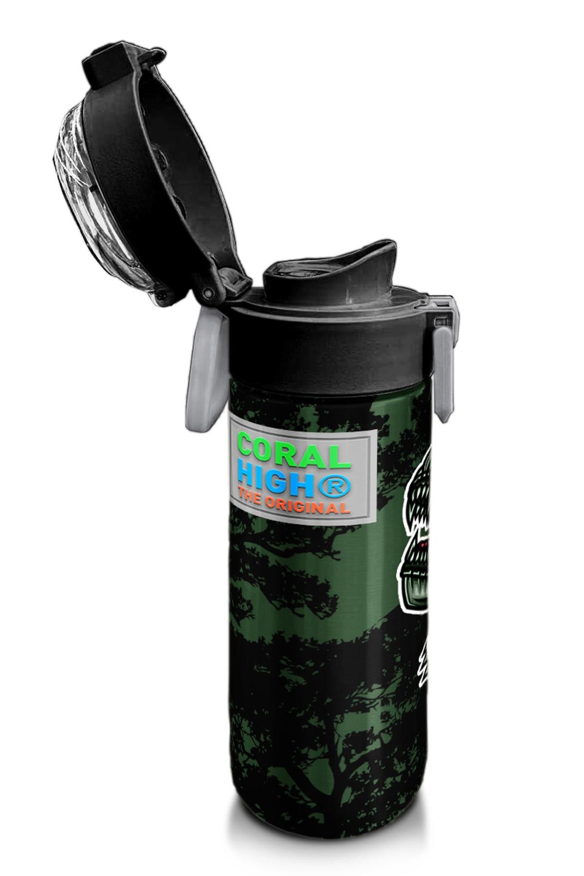 Coral High Kids Koyu Yeşil Siyah Dinozor Desenli Pipetli ve Direkt İçim Çelik Termos 500 ml 31934