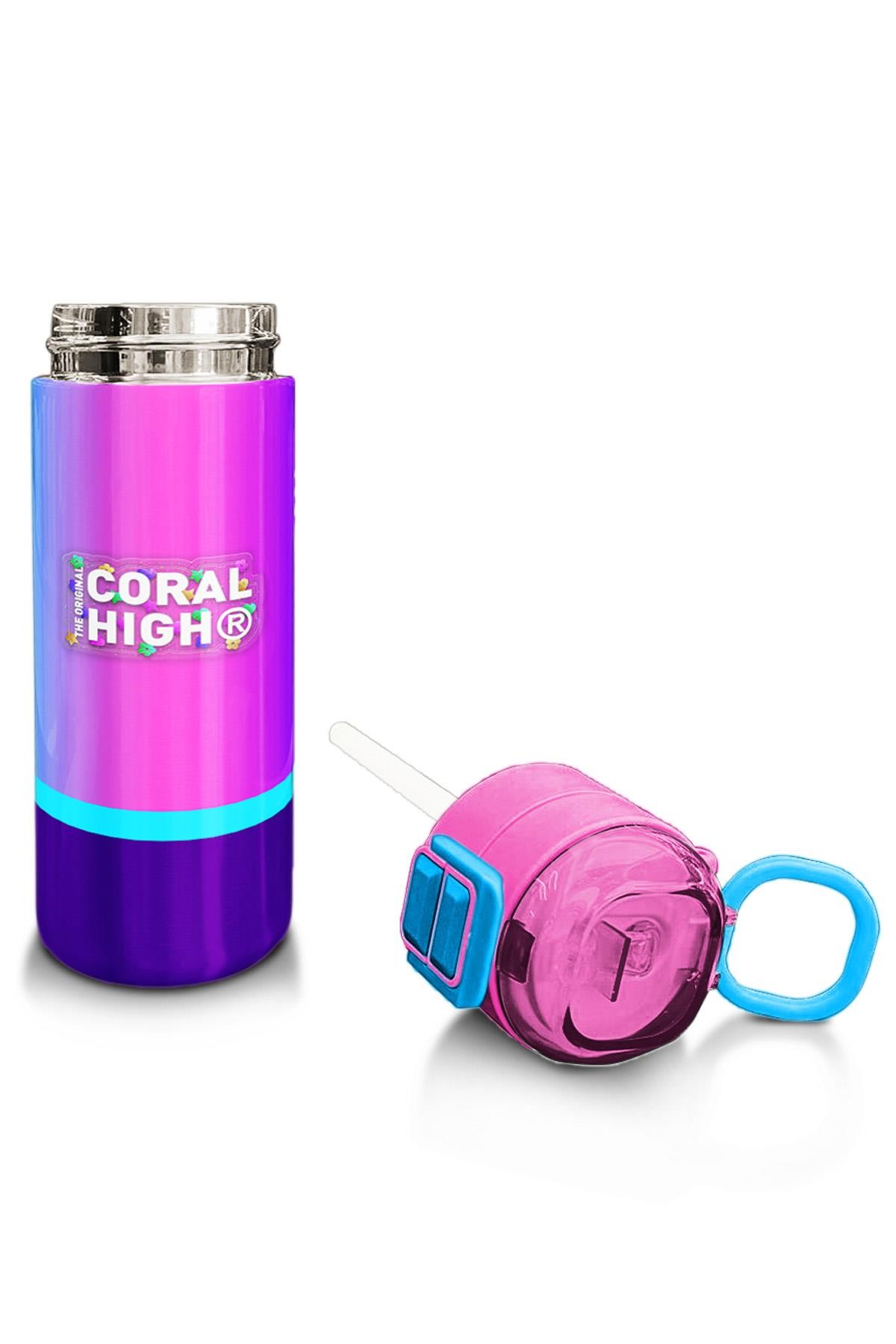 Coral High Kids Renkli Çizgili Pipetli ve Direkt İçim Çelik Termos 500 ml 31836