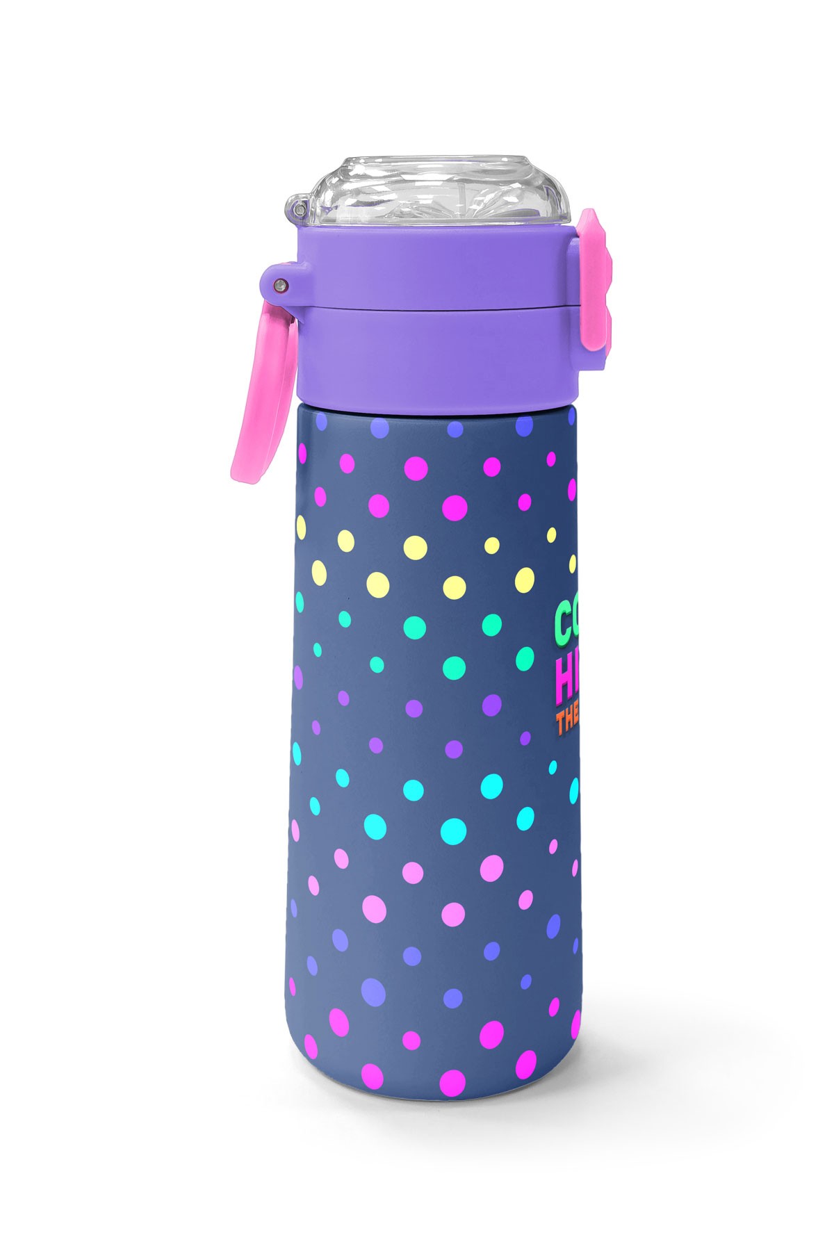 Coral High Kids Lacivert Puantiyeli Desenli Pipetli ve Direkt İçim Çelik Termos 500 ml 31872