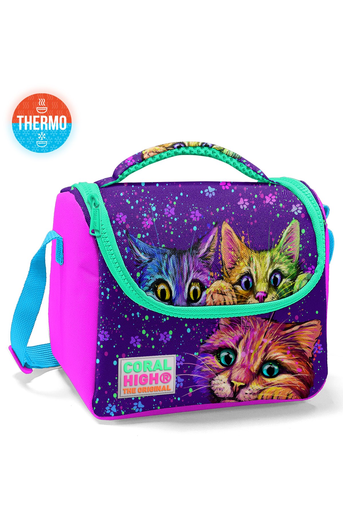 Coral High Kids Pembe Mor Kedi Desenli Thermo Beslenme Çantası 11732