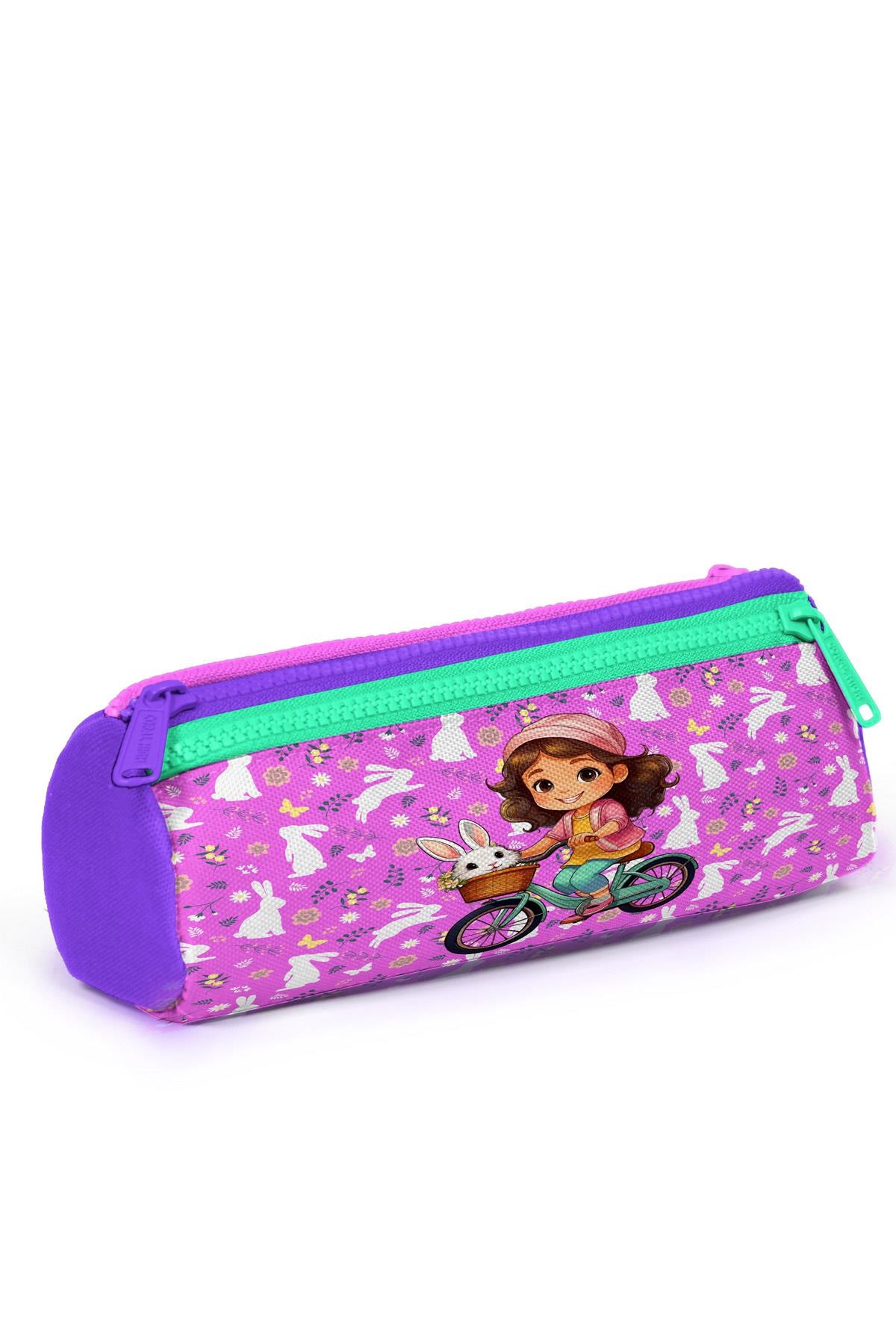 Coral High Kids Mor Pembe Bisikletli Kız Desenli Üç Bölmeli Kalem Çantası 22147