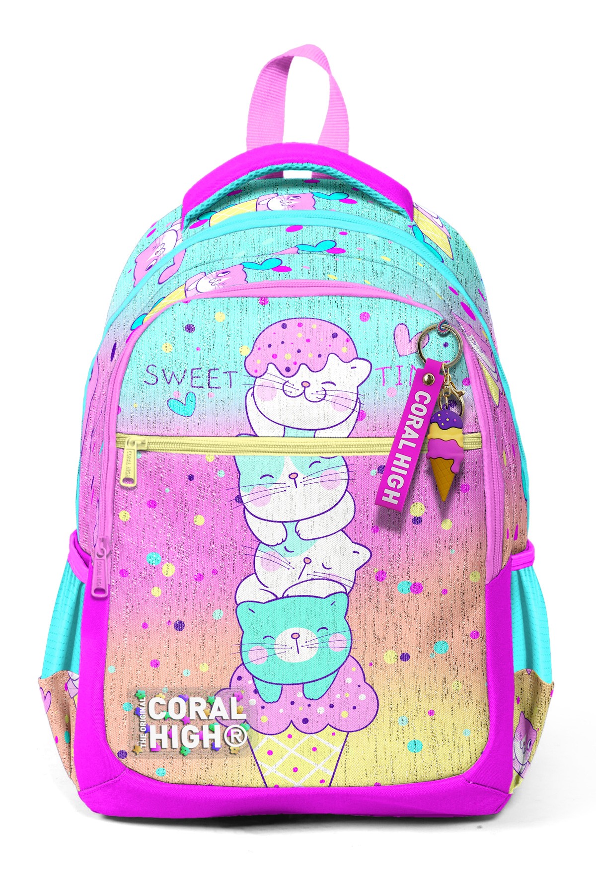 Coral High Kids Renkli Dondurmalı Kedi Desenli Üç Bölmeli Okul Sırt Çantası 23648