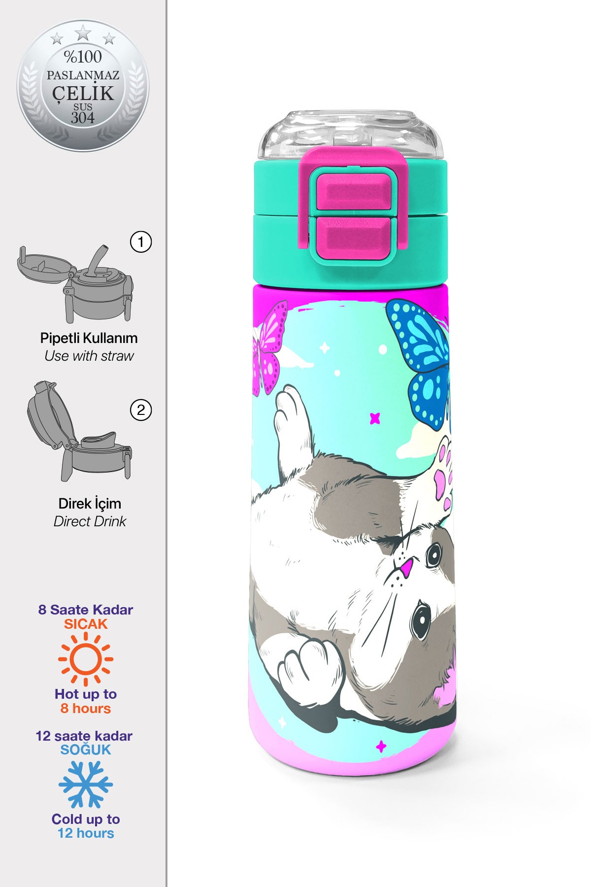 Coral High Kids Su Yeşili Pembe Kedi Desenli Pipetli ve Direkt İçim Çelik Termos 500 ml 31796