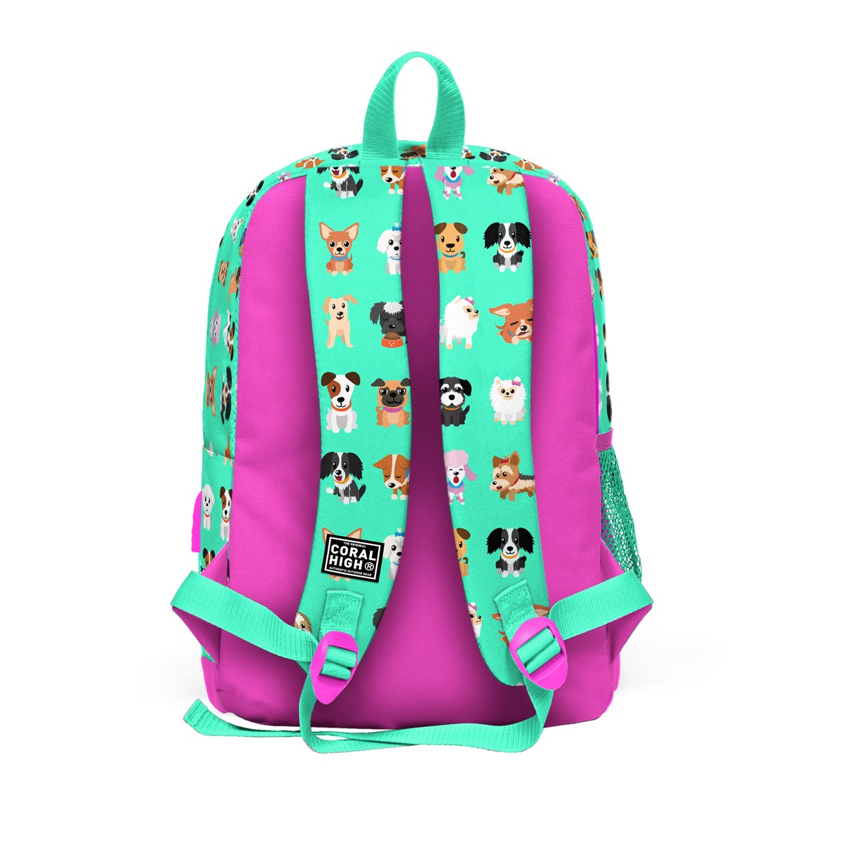 Coral High Kids Su Yeşili Neon Pembe Köpek Desenli Dört Bölmeli USB'li Okul Sırt Çantası 23266