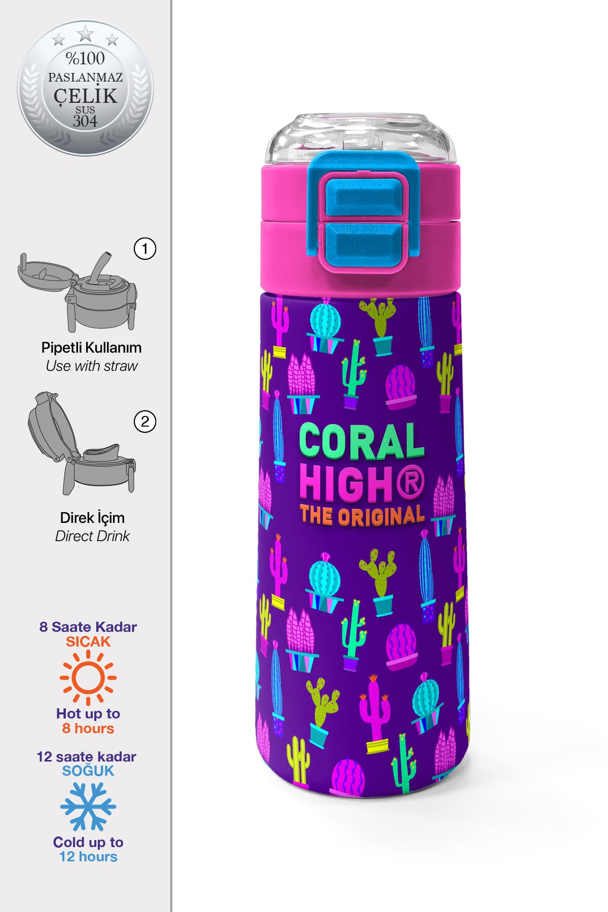 Coral High Kids Mor Pembe Kaktüs Desenli Pipetli ve Direkt İçim Çelik Termos 500 ml 31899