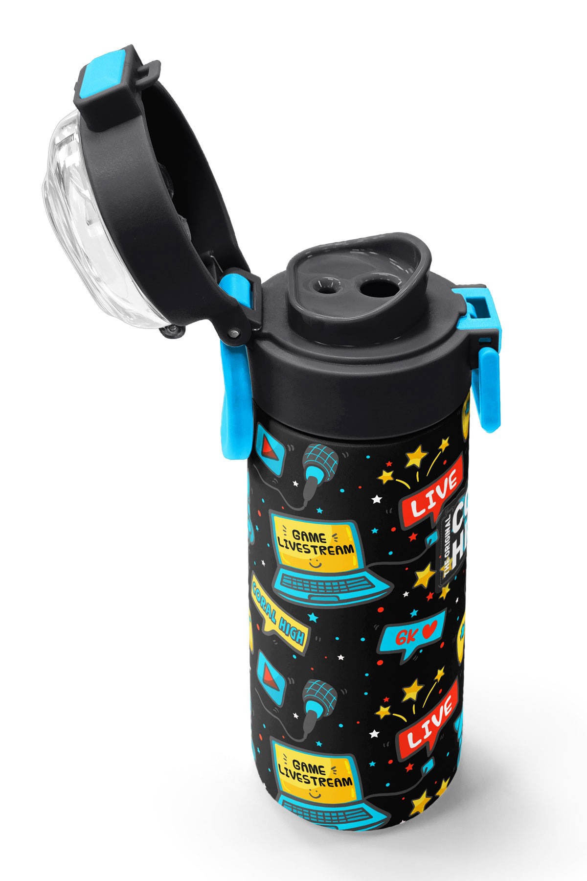 Coral High Kids Siyah Mavi Gamer Desenli Pipetli ve Direkt İçim Çelik Termos 500 ml 31984