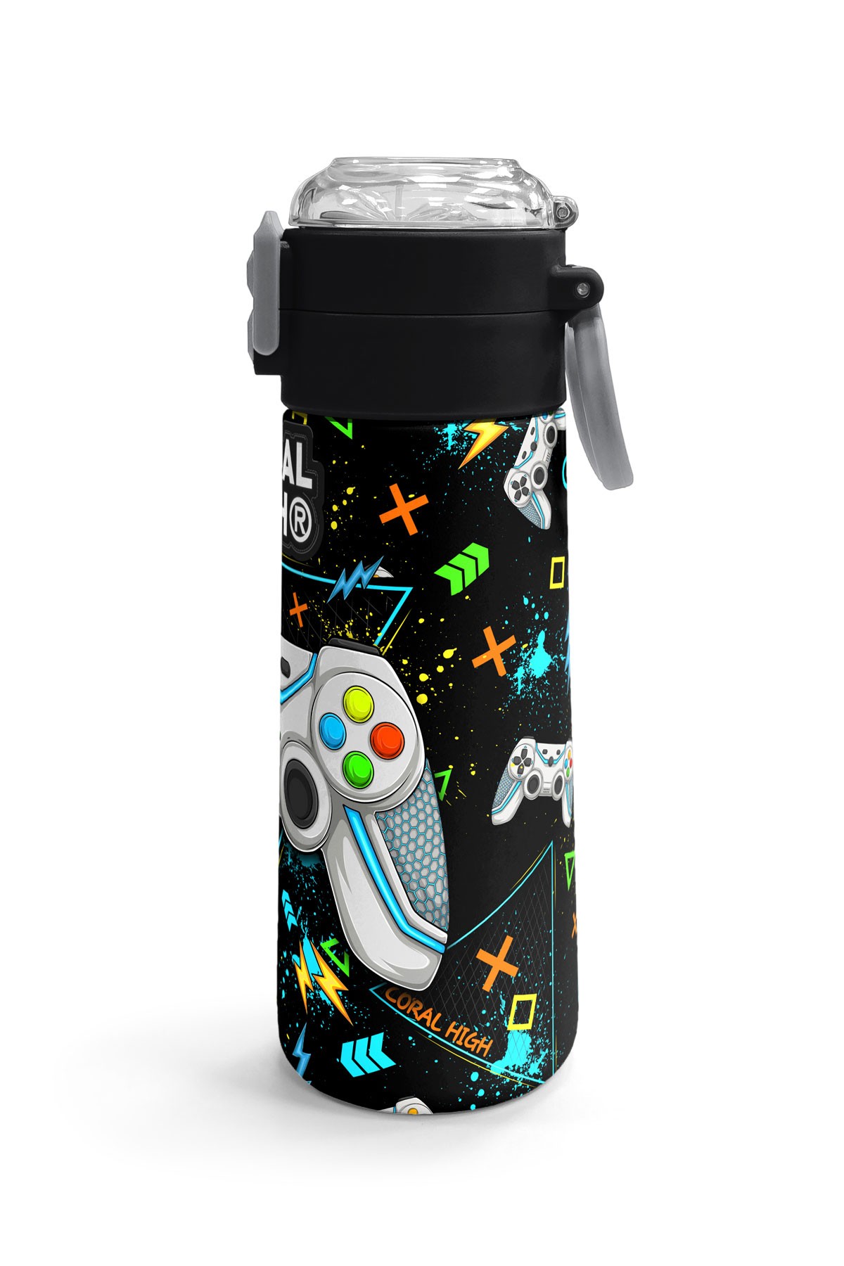 Coral High Kids Siyah Fosforlu Yeşil Gamer Desenli Pipetli ve Direkt İçim Çelik Termos 500 ml 31817
