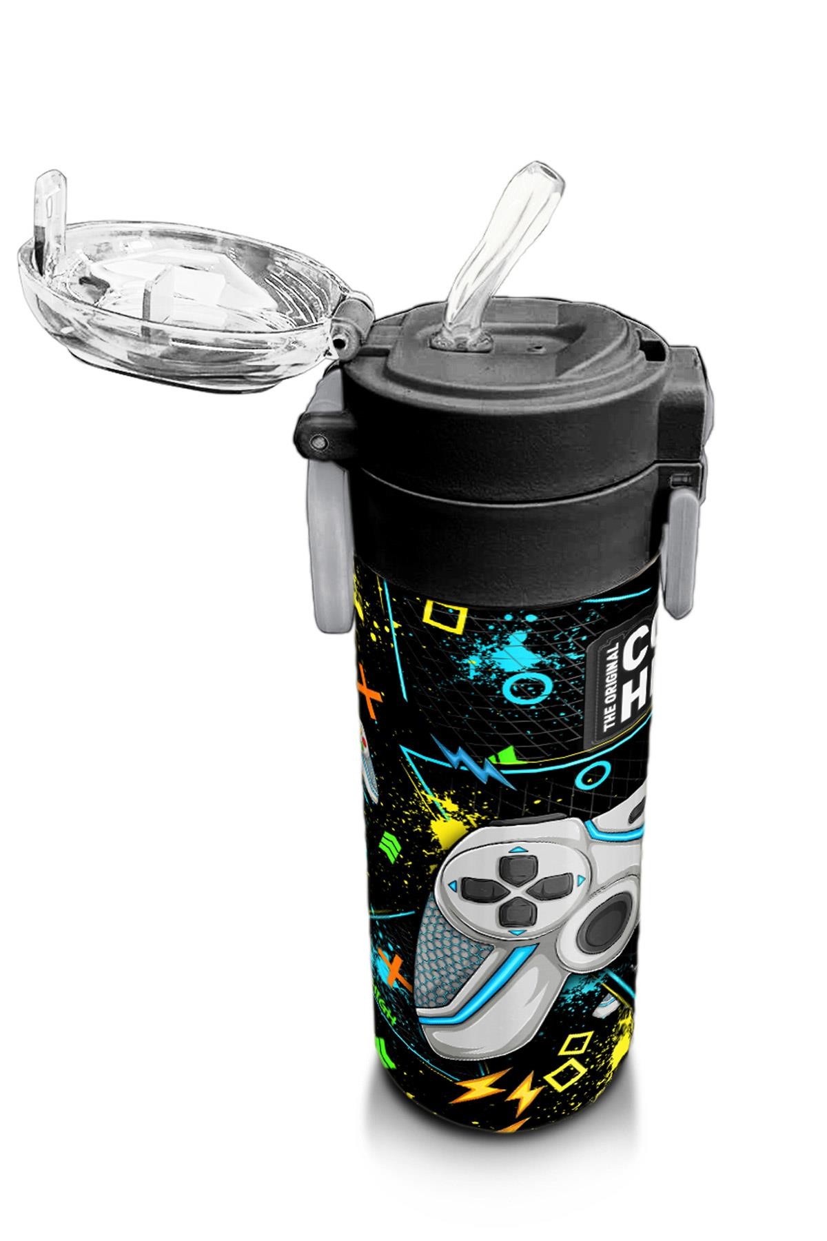 Coral High Kids Siyah Fosforlu Yeşil Gamer Desenli Pipetli ve Direkt İçim Çelik Termos 500 ml 31817