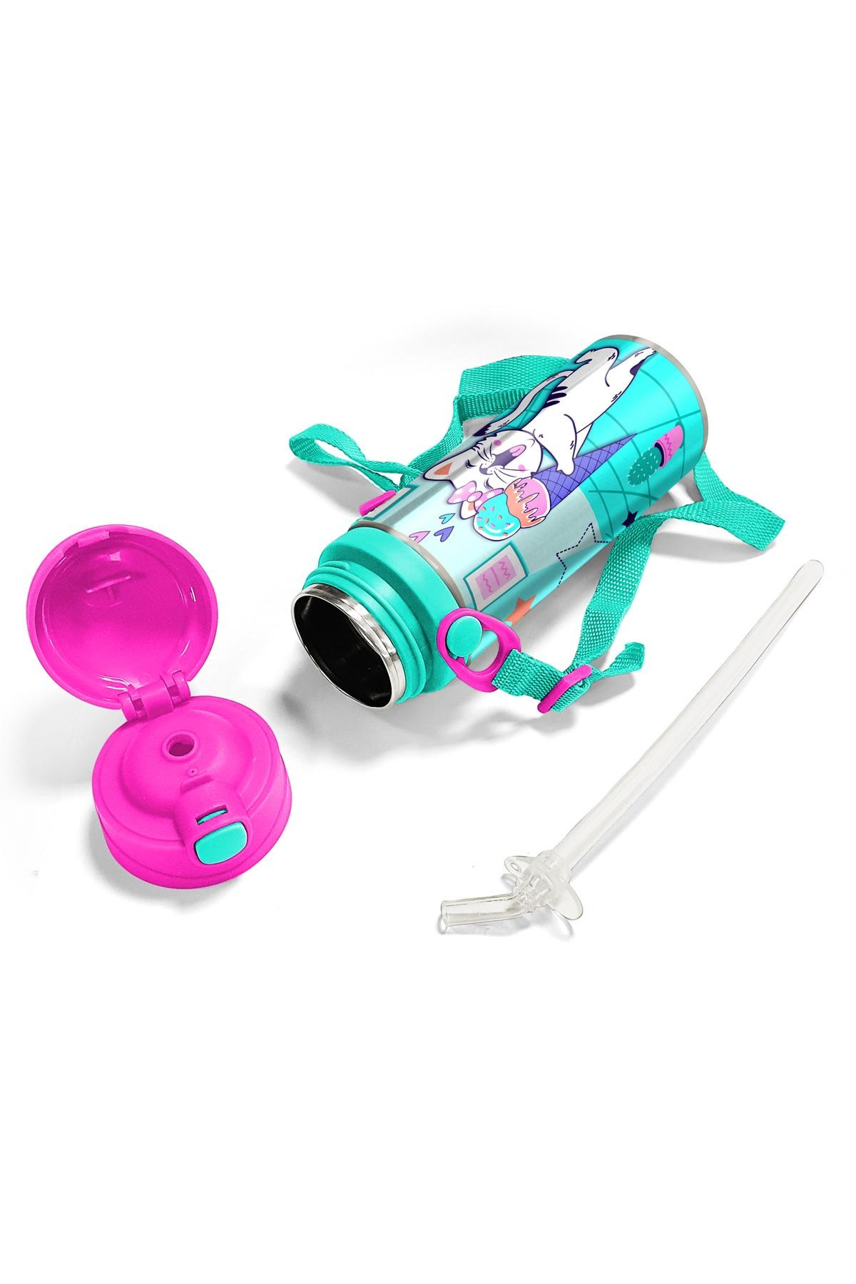 Coral High Kids Turkuaz Pembe Dondurmalı Kedi Desenli Pipetli Çelik Matara 600 ml 11960