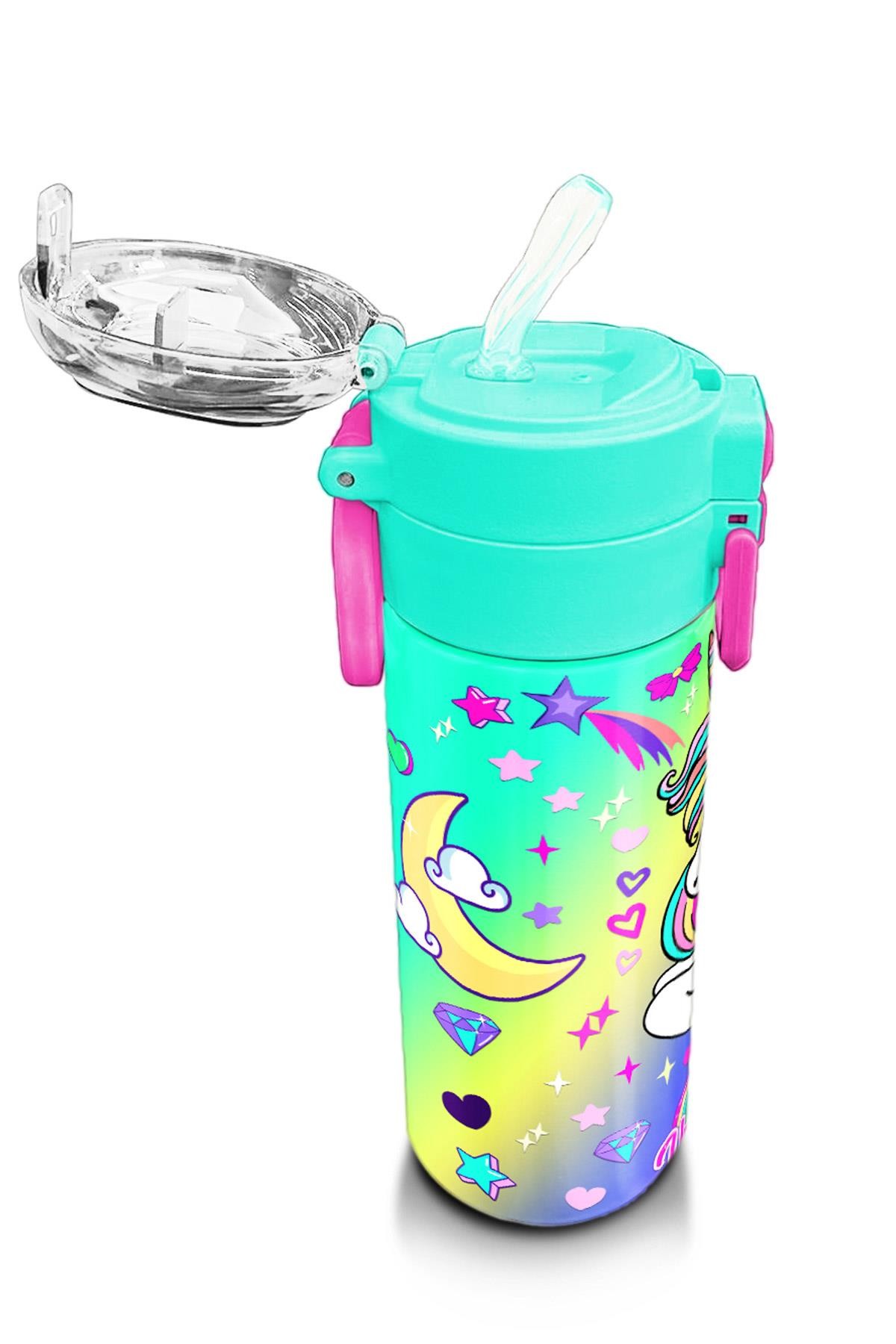 Coral High Kids Lavanta Su Yeşili Unicorn Desenli Pipetli ve Direkt İçim Çelik Termos 500 ml 31937
