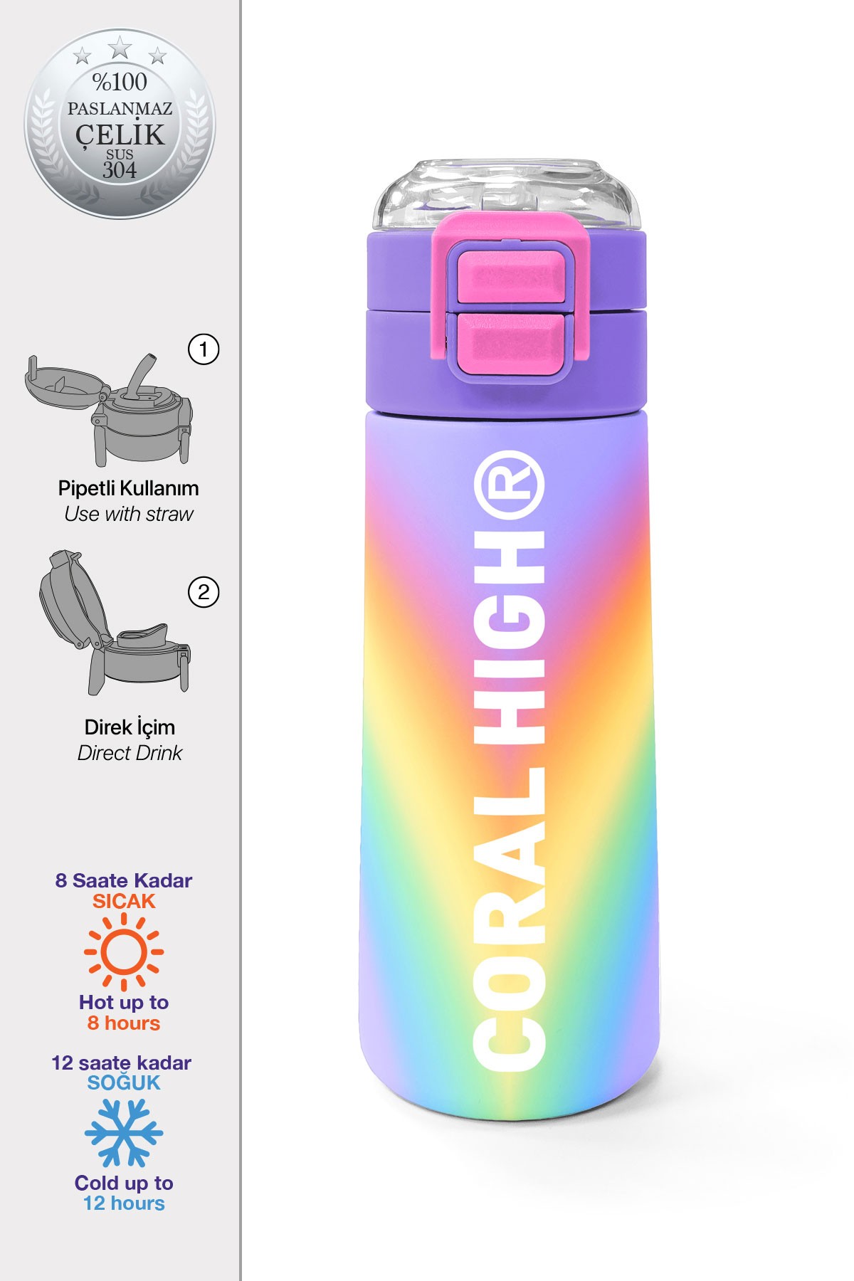 Coral High Kids Renk Geçişli Desenli Pipetli ve Direkt İçim Çelik Termos 500 ml 31863