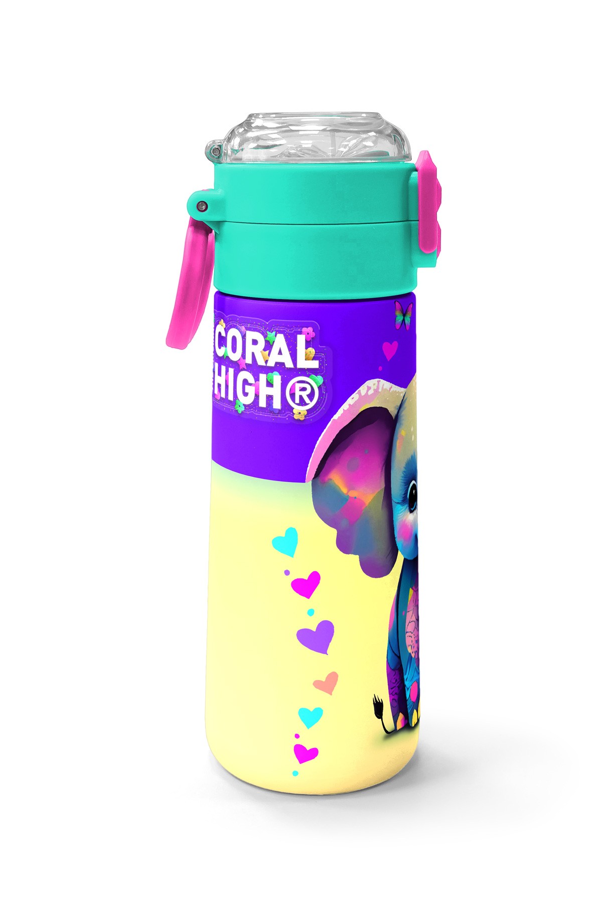 Coral High Kids Pembe Turkuaz Fil Desenli Pipetli ve Direkt İçim Çelik Termos 500 ml 31814