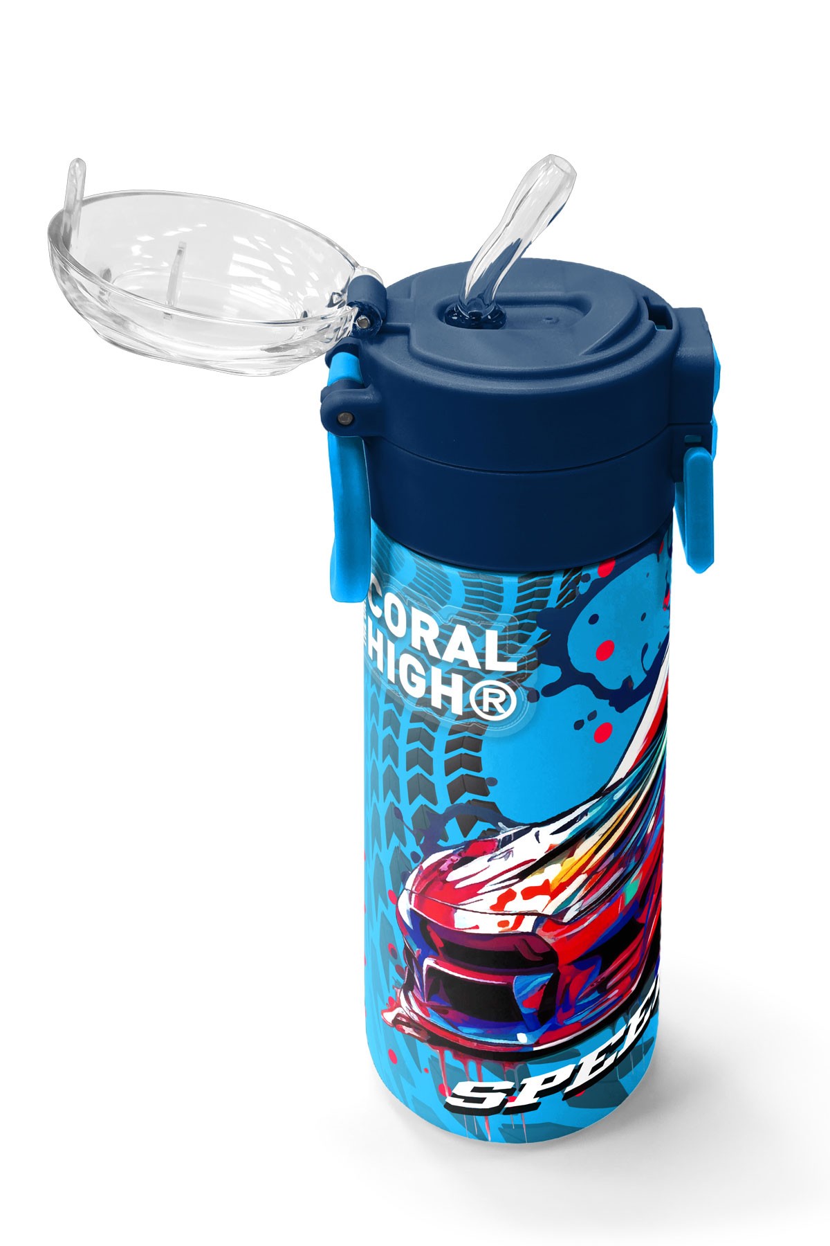 Coral High Kids Gri Mavi Yarış Arabası Desenli Pipetli ve Direkt İçim Çelik Termos 500 ml 31815