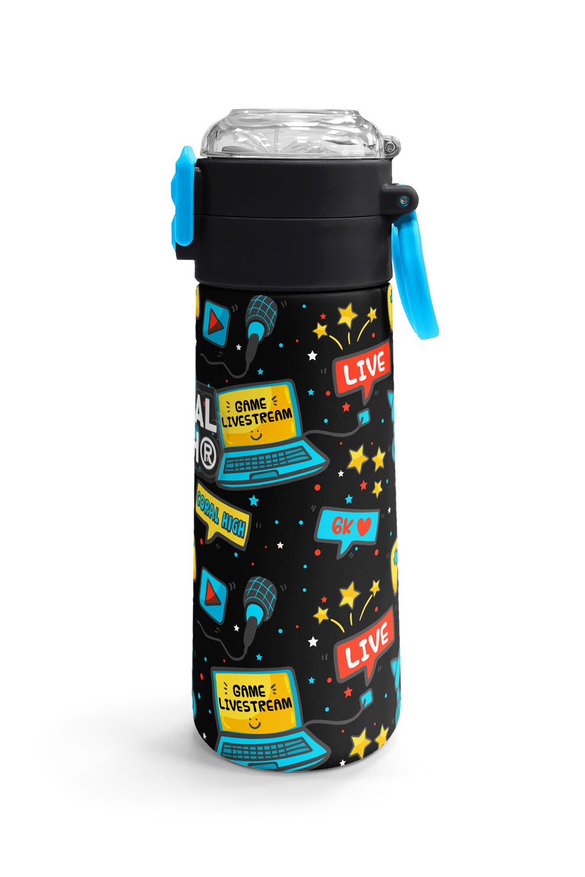 Coral High Kids Siyah Mavi Gamer Desenli Pipetli ve Direkt İçim Çelik Termos 500 ml 31984