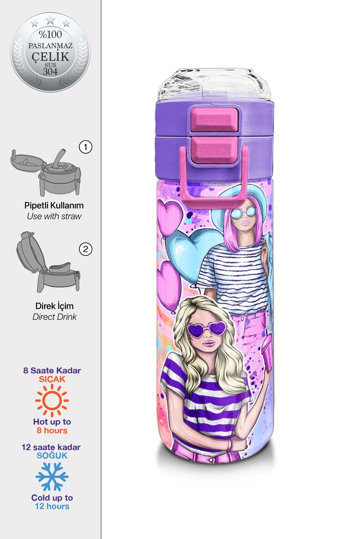 Coral High Kids Pembe Mor Fashion Girl Desenli Pipetli ve Direkt İçim Çelik Termos 500 ml 31956
