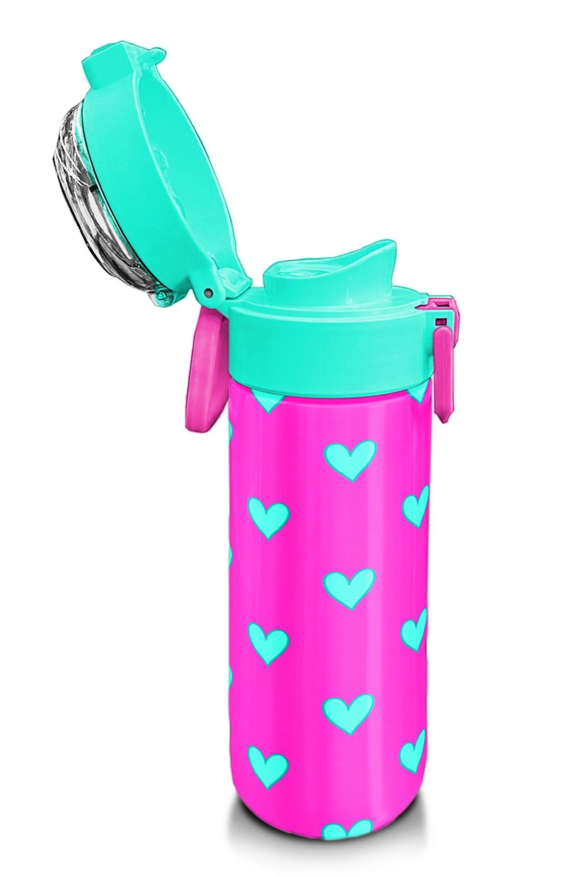 Coral High Kids Neon Pembe Su Yeşili Kalp Desenli Pipetli ve Direkt İçim Çelik Termos 500 ml 31906