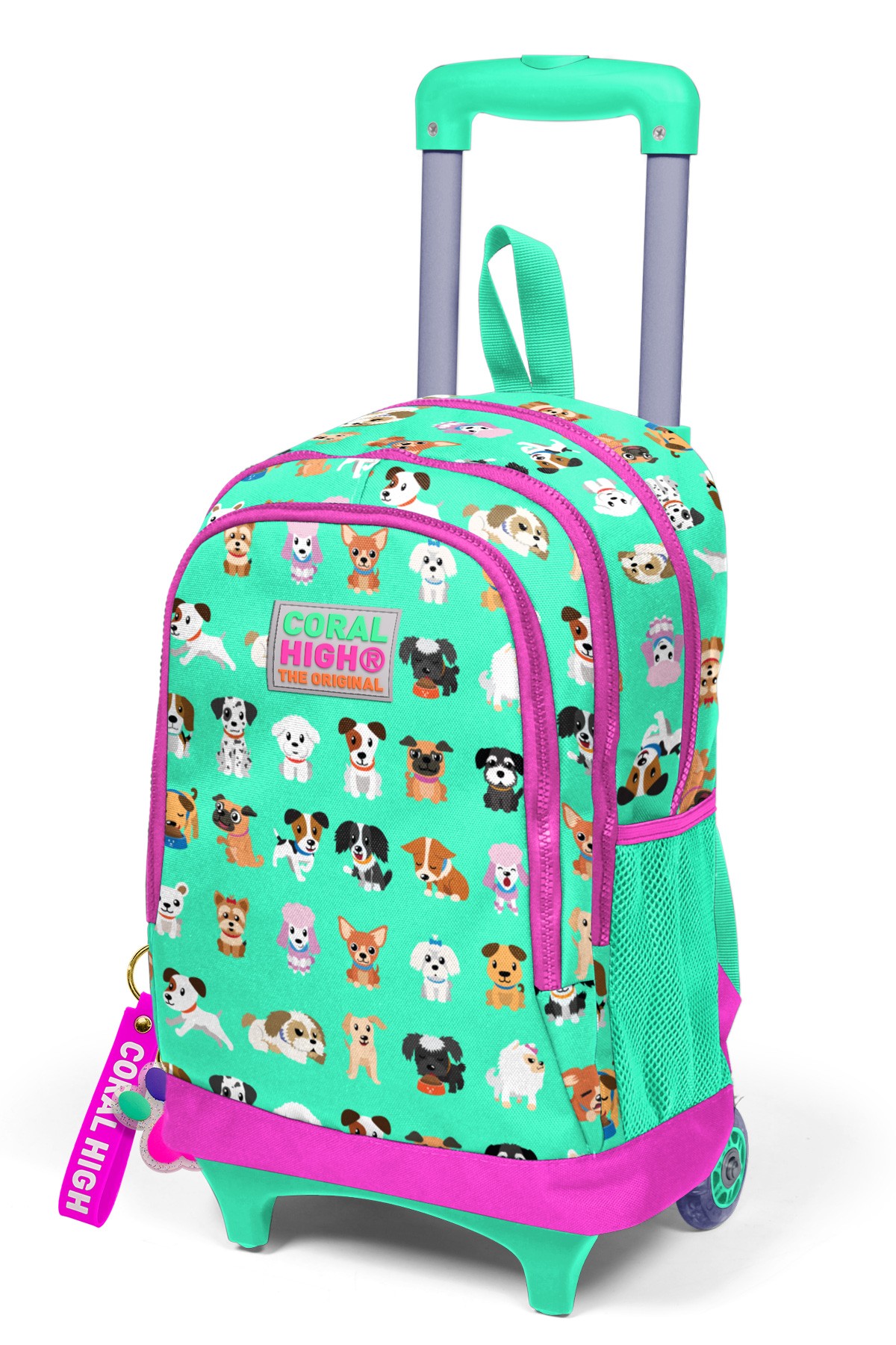 Coral High Kids Su Yeşili Neon Pembe Köpek Desenli Üç Bölmeli Çekçekli Okul Sırt Çantası 23362