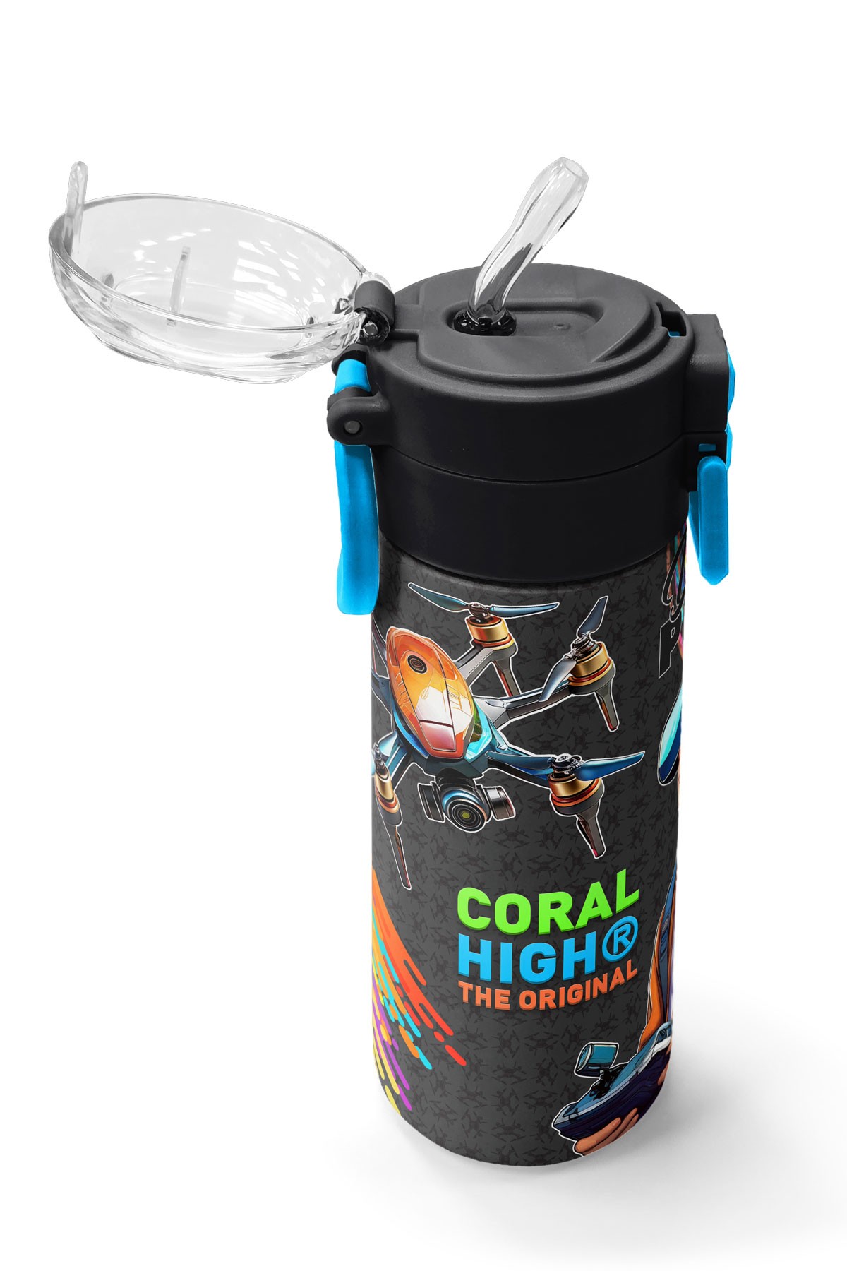 Coral High Kids Siyah Drone Pilot Desenli Pipetli ve Direkt İçim Çelik Termos 500 ml 31996