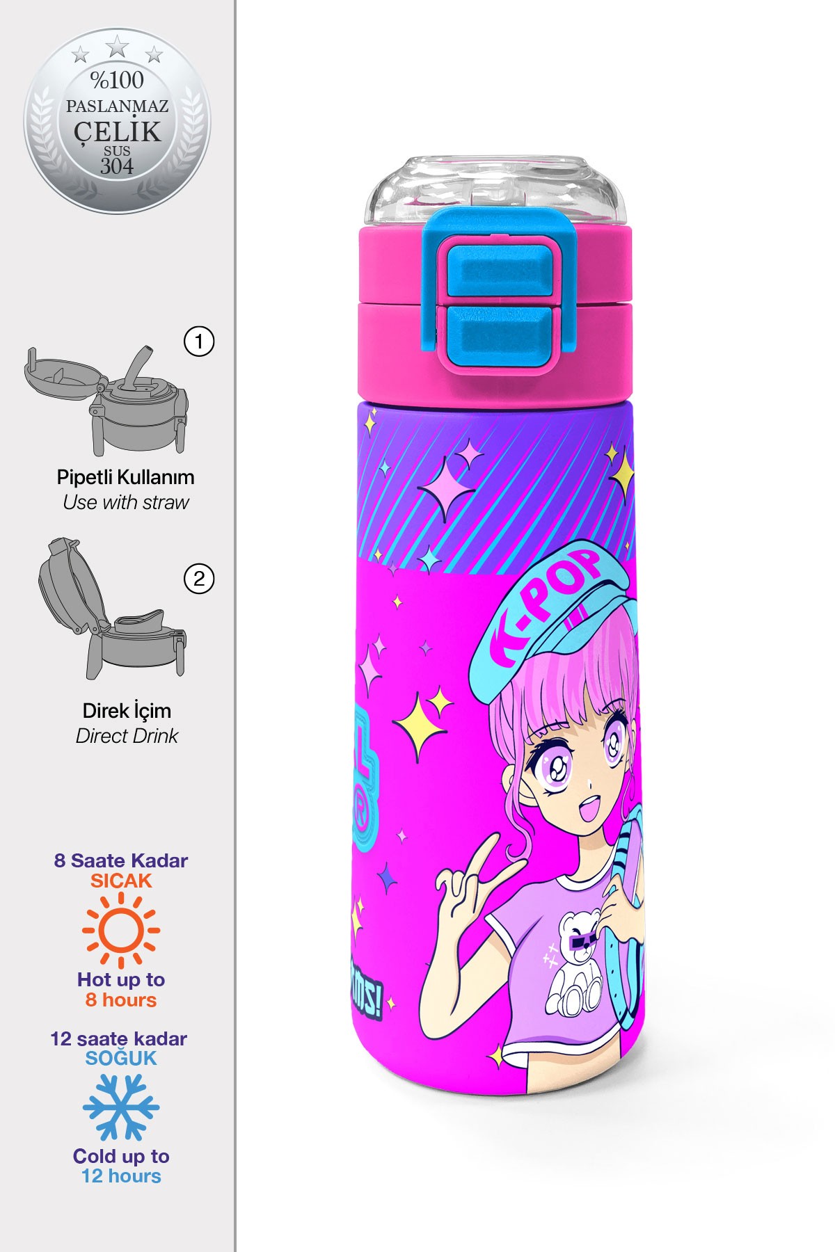 Coral High Kids Mor Pembe Mavi K-PopDesenli Pipetli ve Direkt İçim Çelik Termos 500 ml 31831