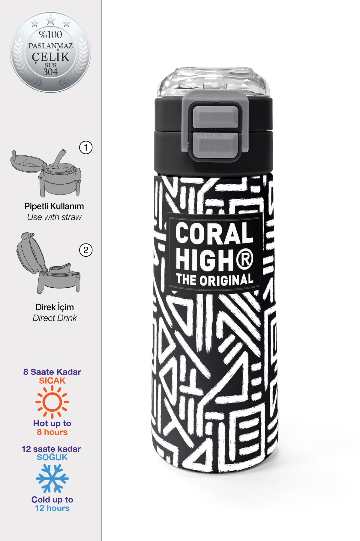 Coral High Kids Siyah Beyaz Geometrik Desenli Pipetli ve Direkt İçim Çelik Termos 500 ml 31882