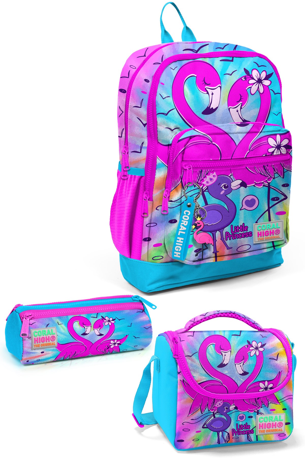 Coral High Kids Mavi Pembe Flamingo Desenli 3’lü Okul Çanta Seti SET0123730