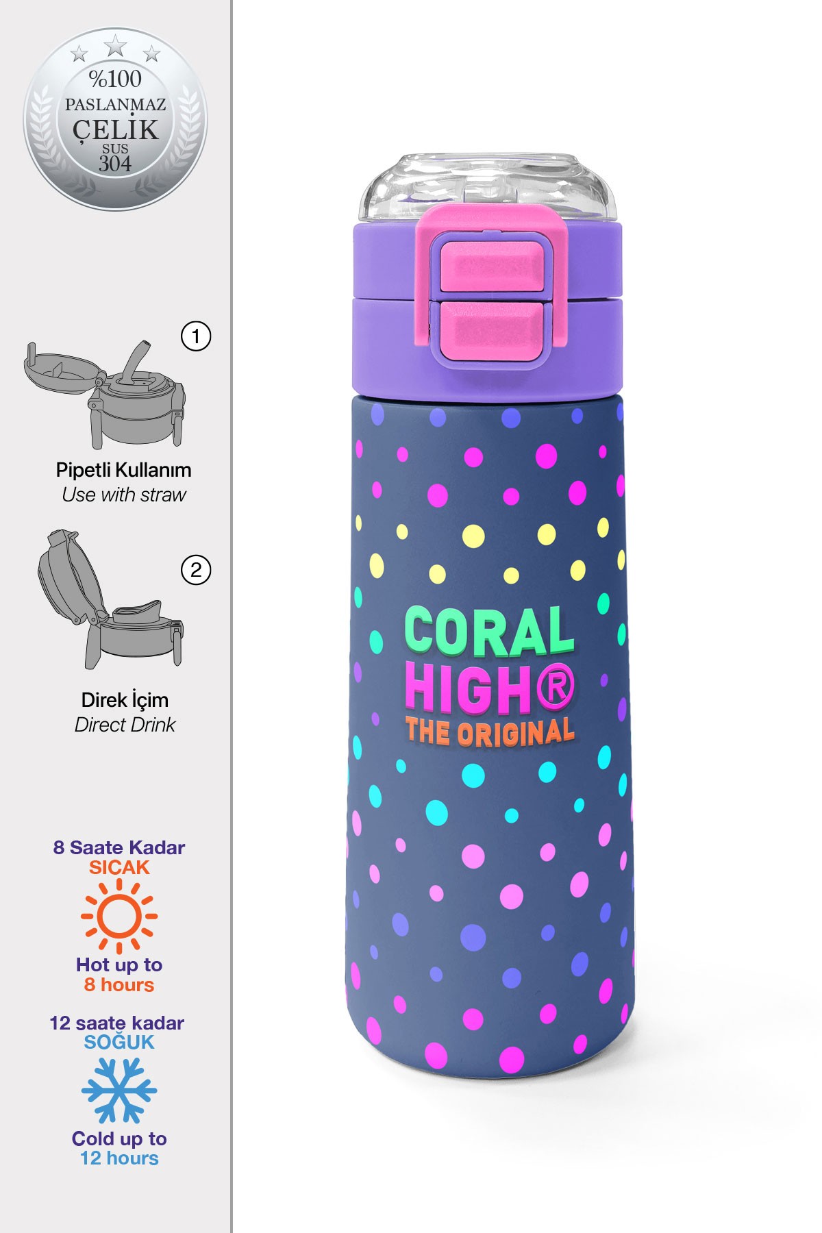Coral High Kids Lacivert Puantiyeli Desenli Pipetli ve Direkt İçim Çelik Termos 500 ml 31872