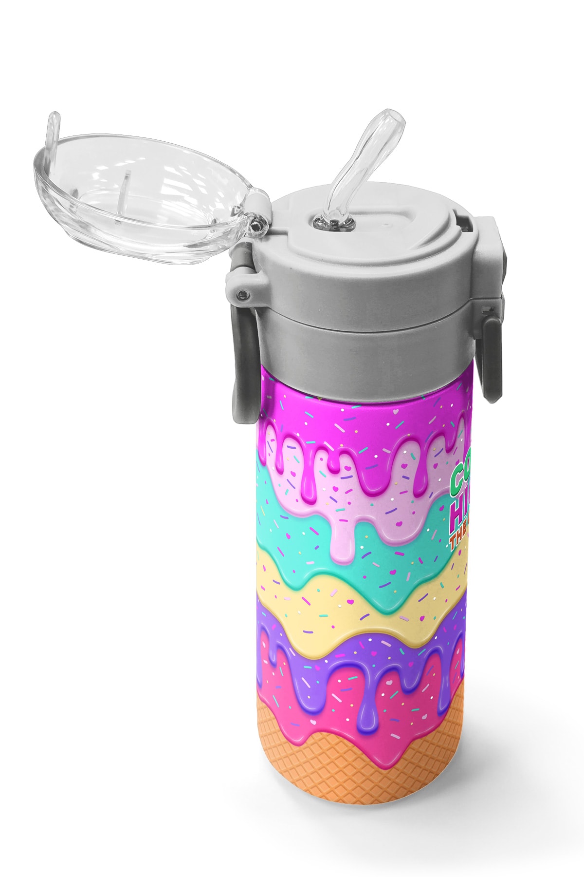 Coral High Kids Pembe Rengarenk Dondurma Desenli Pipetli ve Direkt İçim Çelik Termos 500 ml 31938