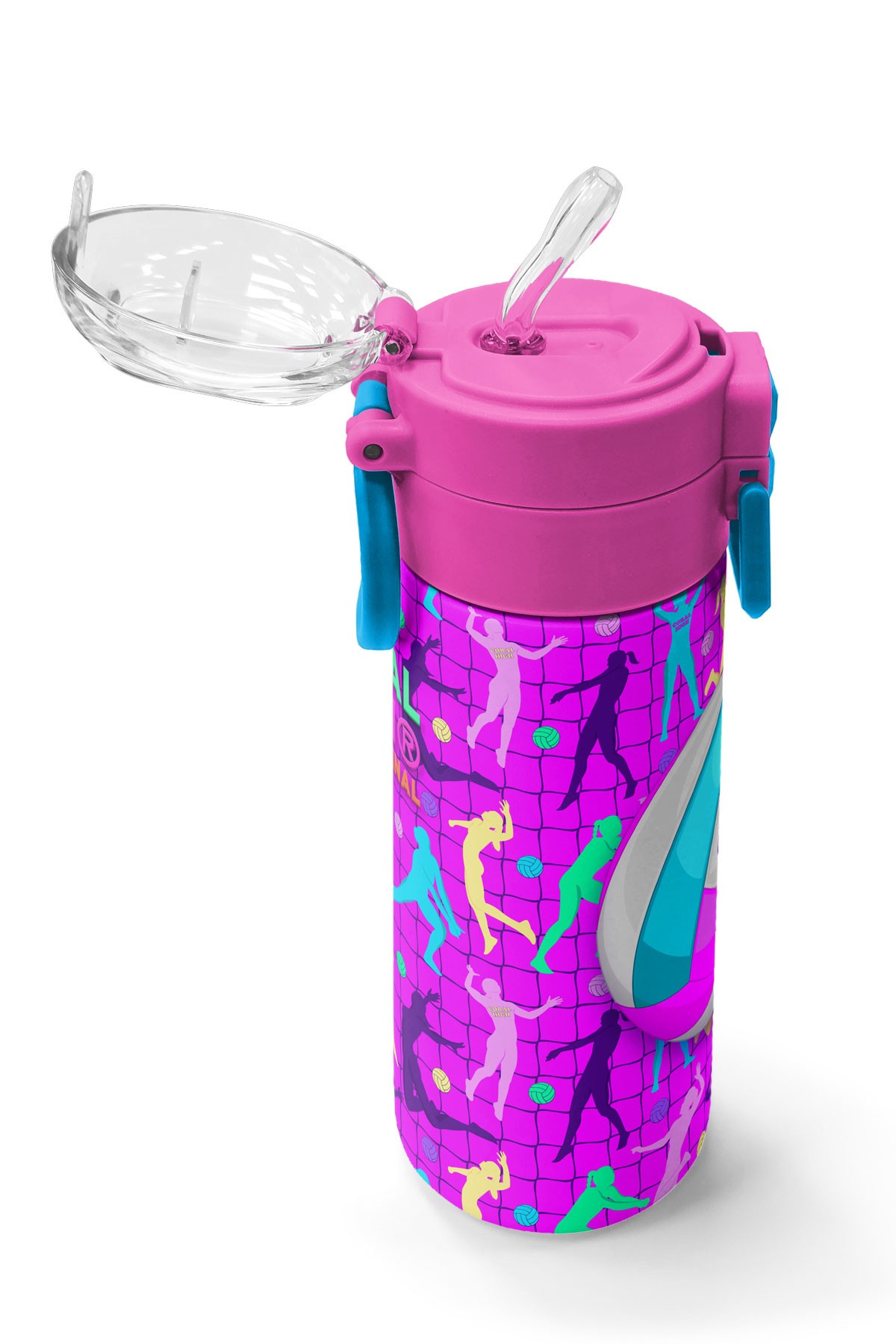 Coral High Kids Pembe Mor Voleybol Desenli Pipetli ve Direkt İçim Çelik Termos 500 ml 31962