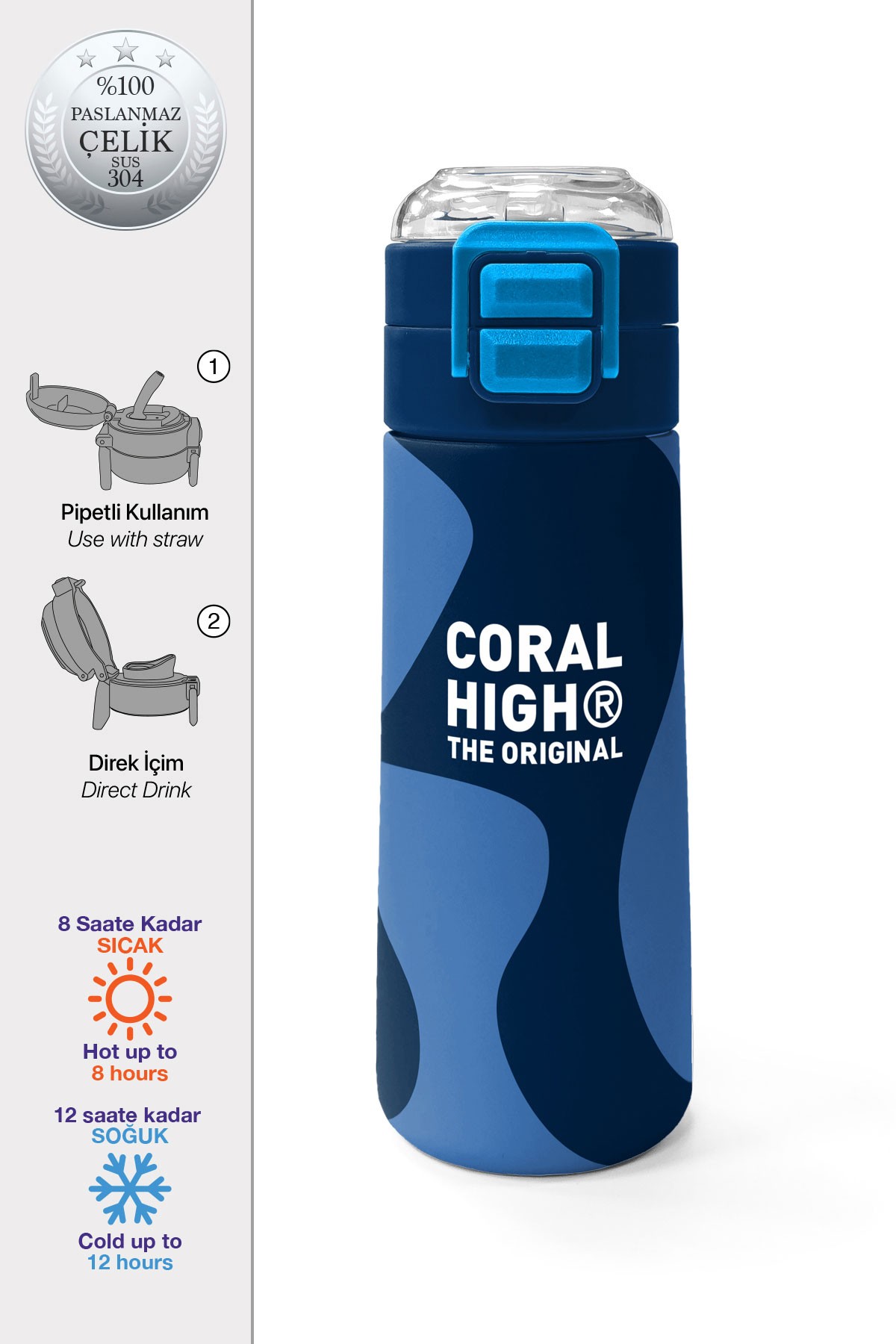 Coral High Kids Lacivert Mavi Desenli Pipetli ve Direkt İçim Çelik Termos 500 ml 31888