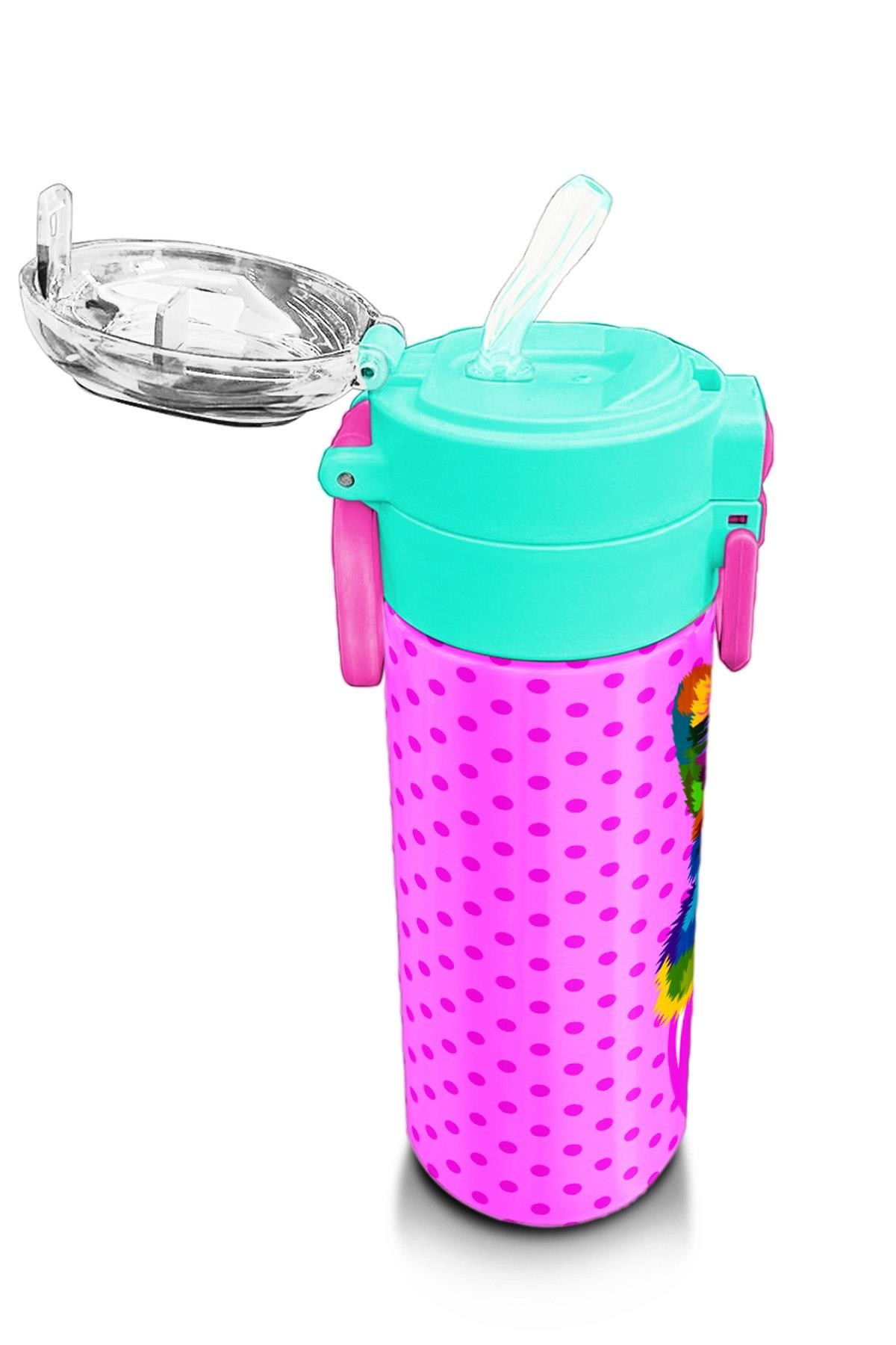 Coral High Kids Pembe Mavi Kedi Desenli Pipetli ve Direkt İçim Çelik Termos 500 ml 31842