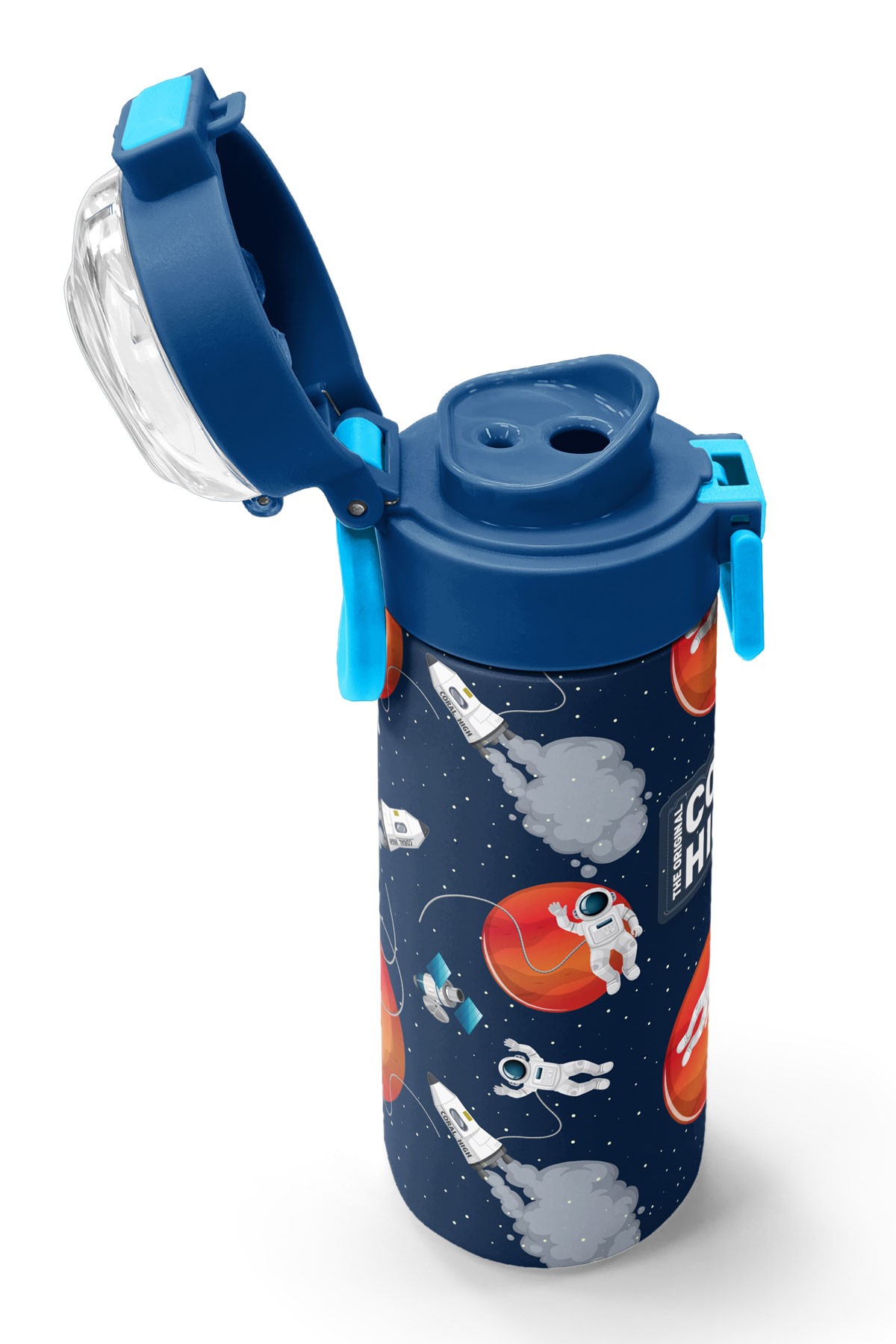 Coral High Kids Lacivert Mavi Astronot Desenli Pipetli ve Direkt İçim Çelik Termos 500 ml 31999