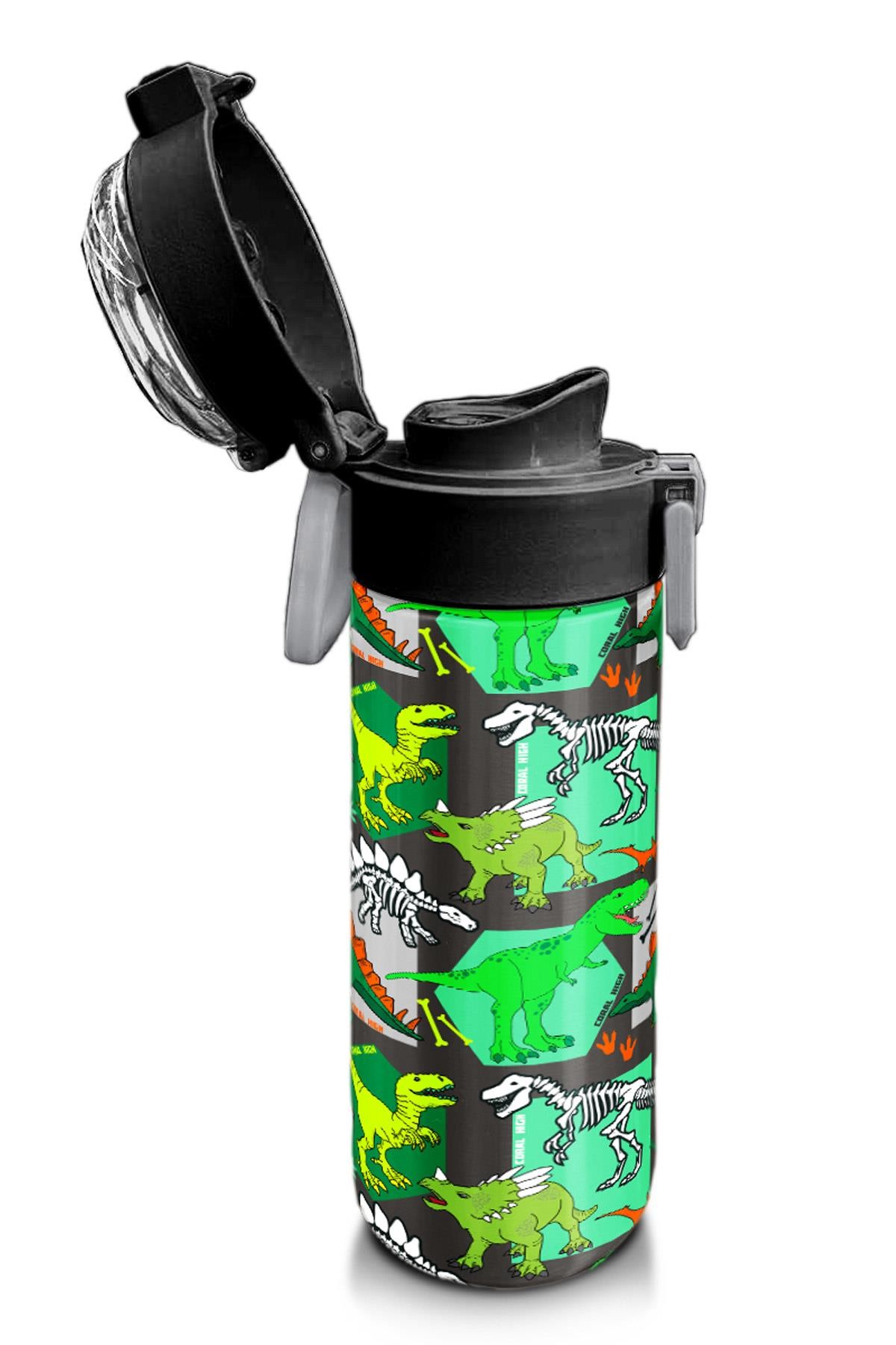 Coral High Kids Gri Yeşil Dinozor Desenli Pipetli ve Direkt İçim Çelik Termos 500 ml 31976