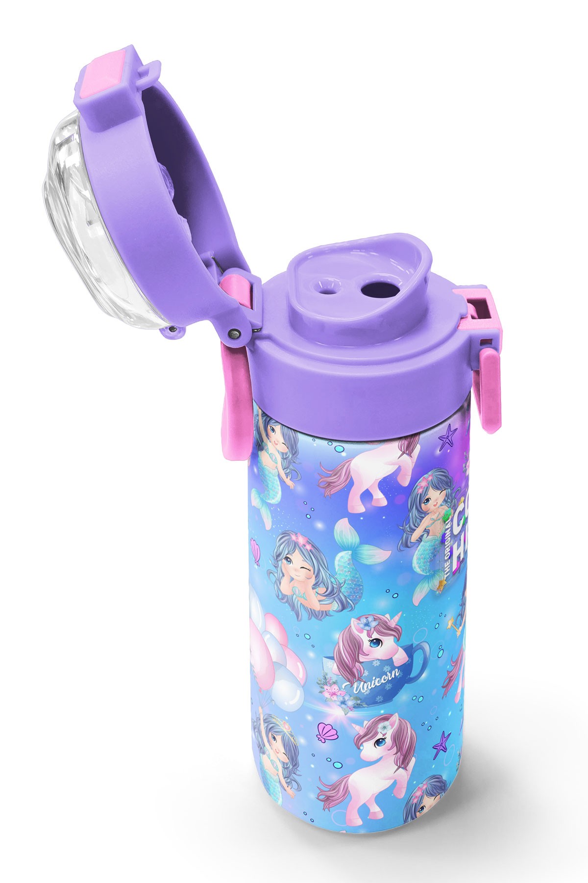 Coral High Kids Mor Pembe Unicorn Deniz Kızı Desenli Pipetli ve Direkt İçim Çelik Termos 500 ml 31982